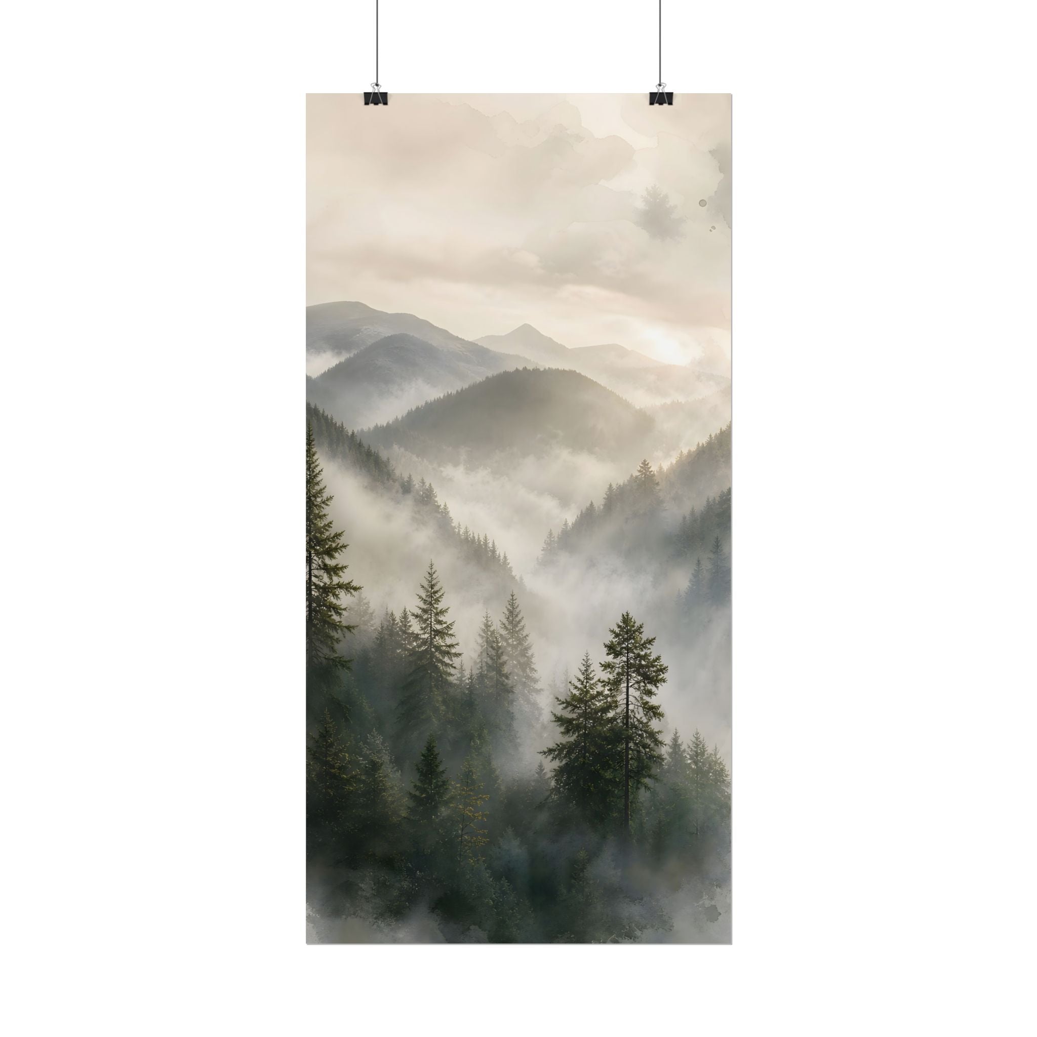 Mist-Filled Mountain Forest Rolled Poster — Serene Nature Wall Art