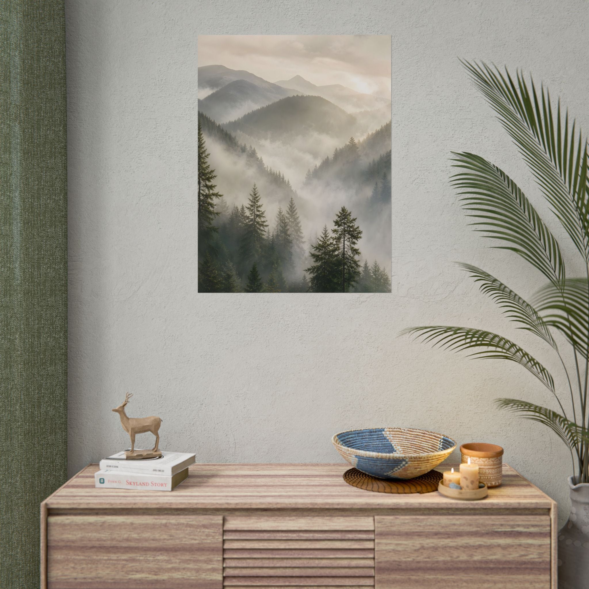 Mist-Filled Mountain Forest Rolled Poster — Serene Nature Wall Art