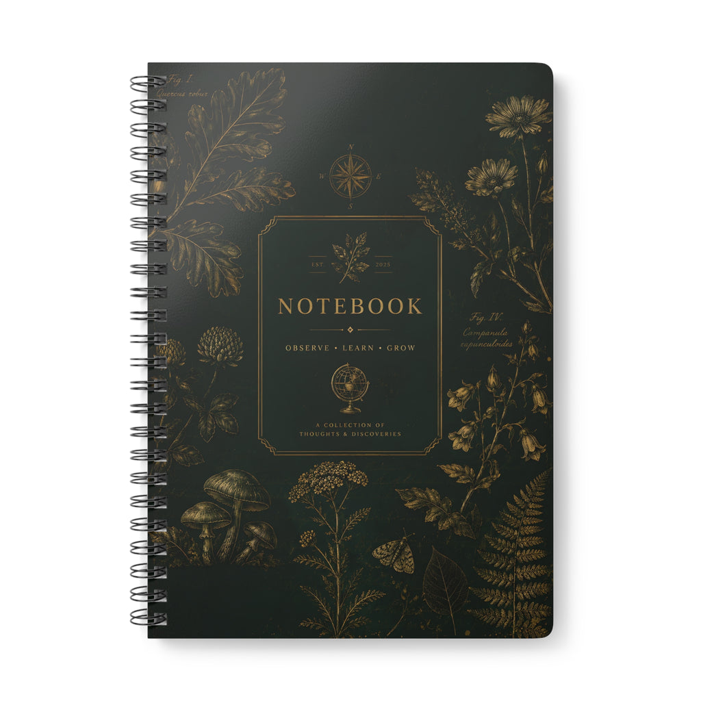 Botanical Gold A5 Spiral Notebook — 'NOTEBOOK' Vintage Floral Journal