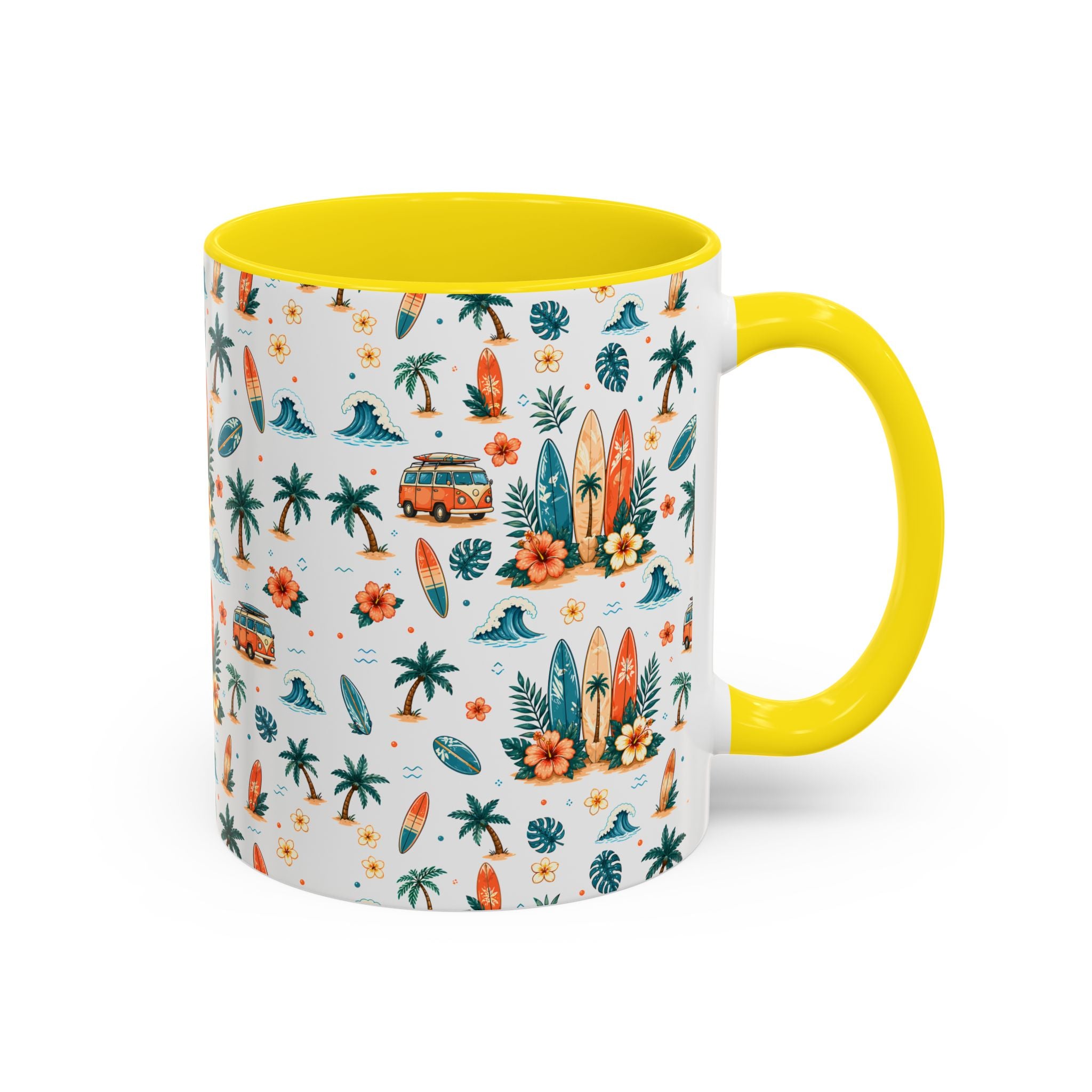 Surfboard & Palm Accent Coffee Mug — Tropical Beach Pattern 11/15oz