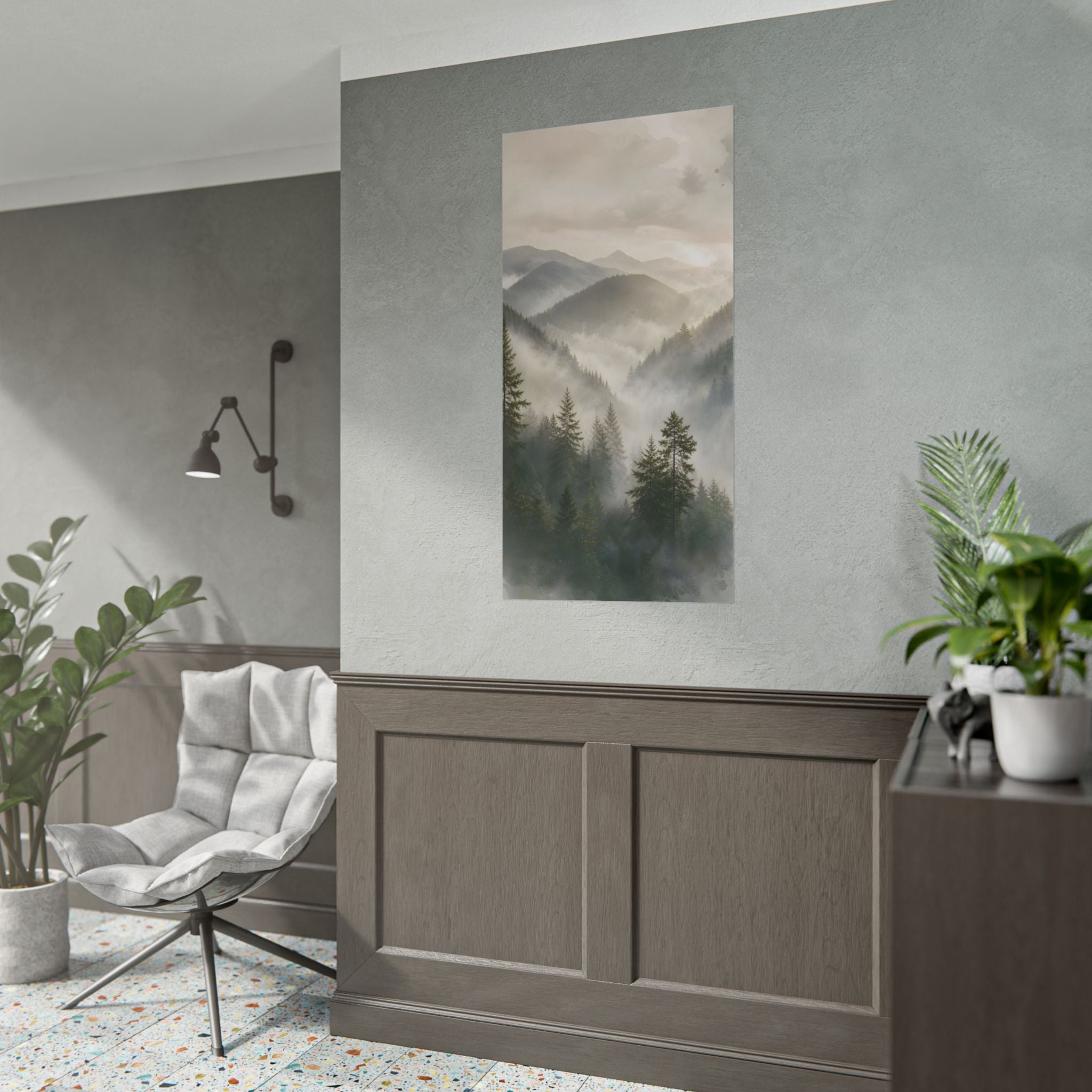 Mist-Filled Mountain Forest Rolled Poster — Serene Nature Wall Art