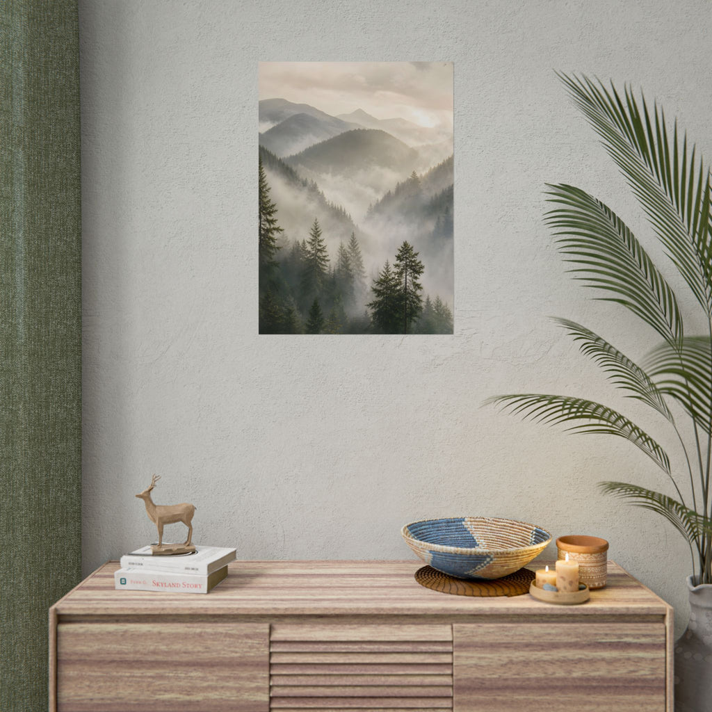 Mist-Filled Mountain Forest Rolled Poster — Serene Nature Wall Art