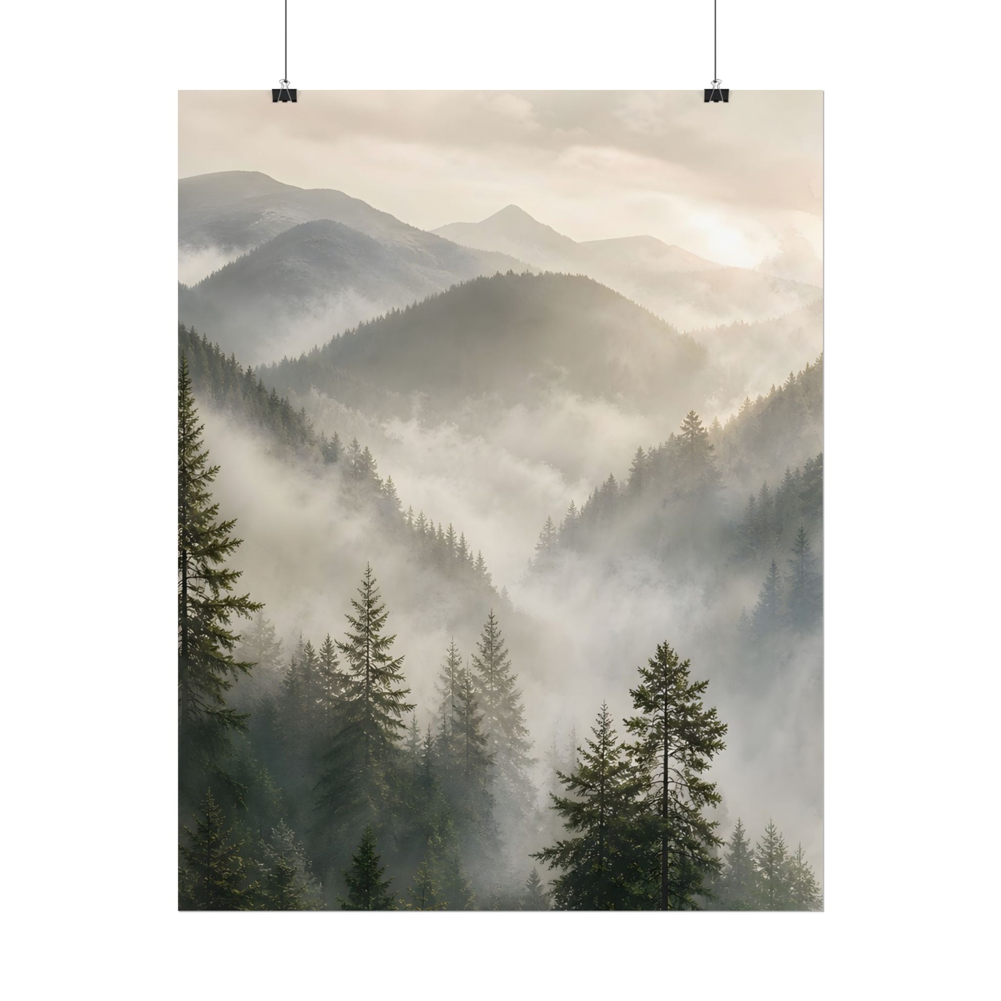 Mist-Filled Mountain Forest Rolled Poster — Serene Nature Wall Art