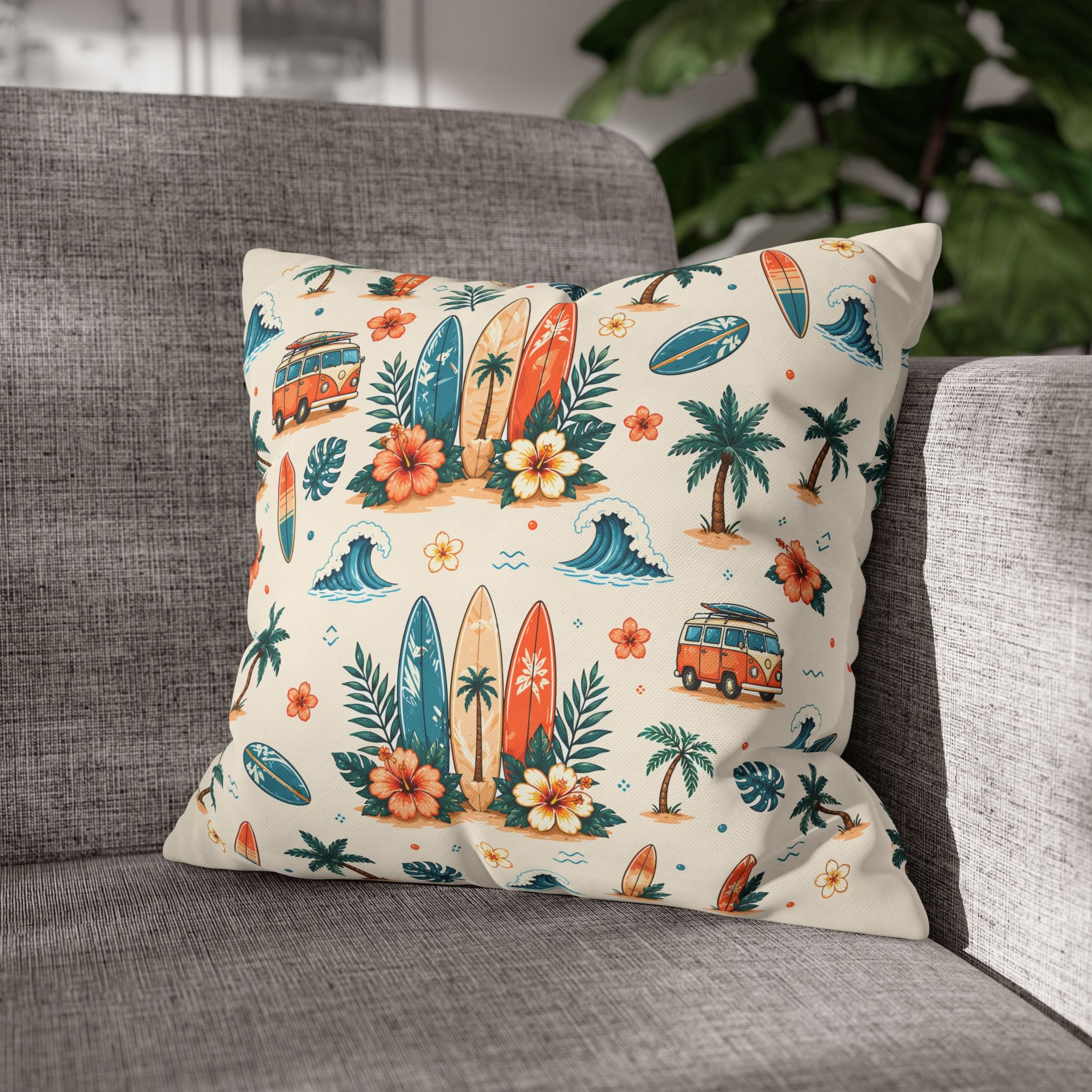 Surfboard Tropical Beach Pillow — Vintage Van & Palm Decorative Pillowcase