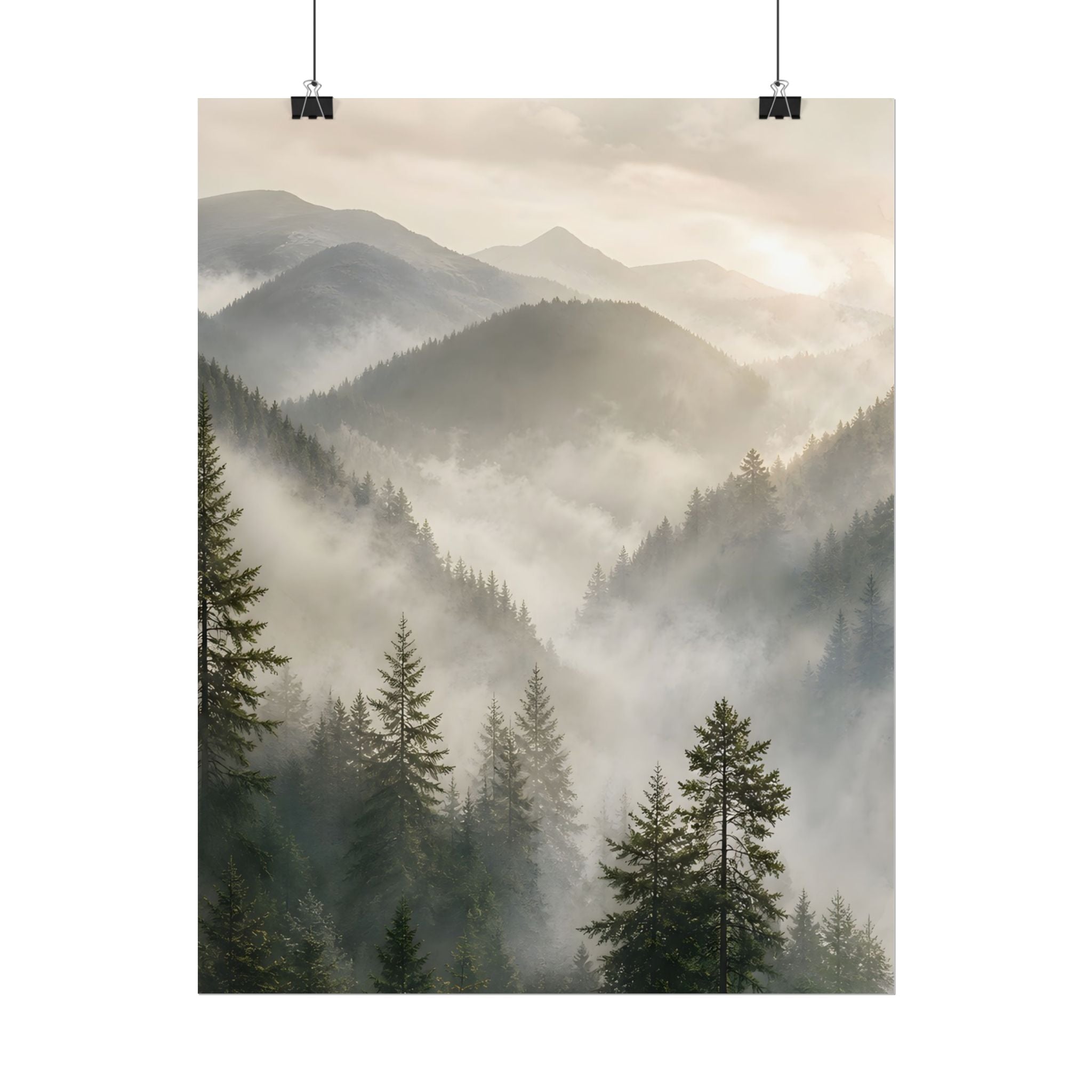 Mist-Filled Mountain Forest Rolled Poster — Serene Nature Wall Art