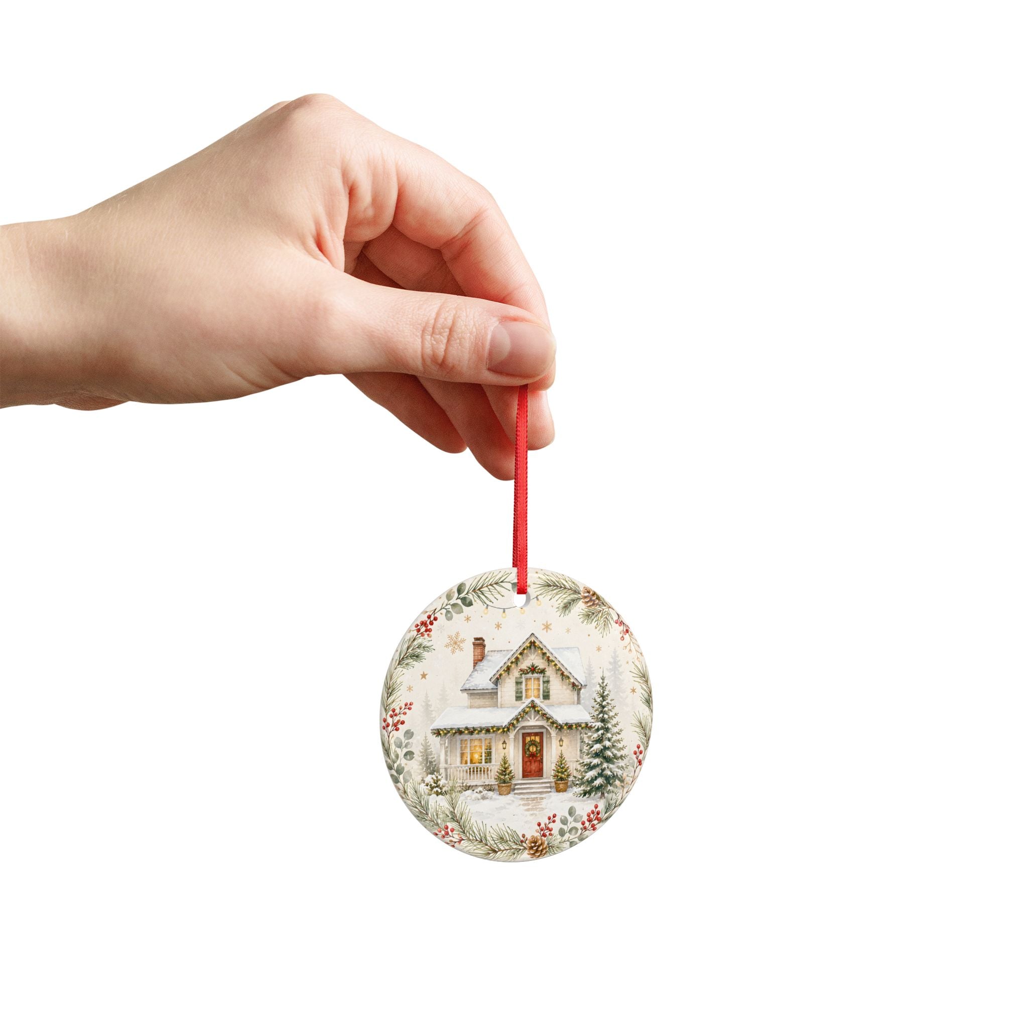 Round Ceramic Christmas Ornament — Cozy Snowy Cottage Double-Sided Holiday Decoration