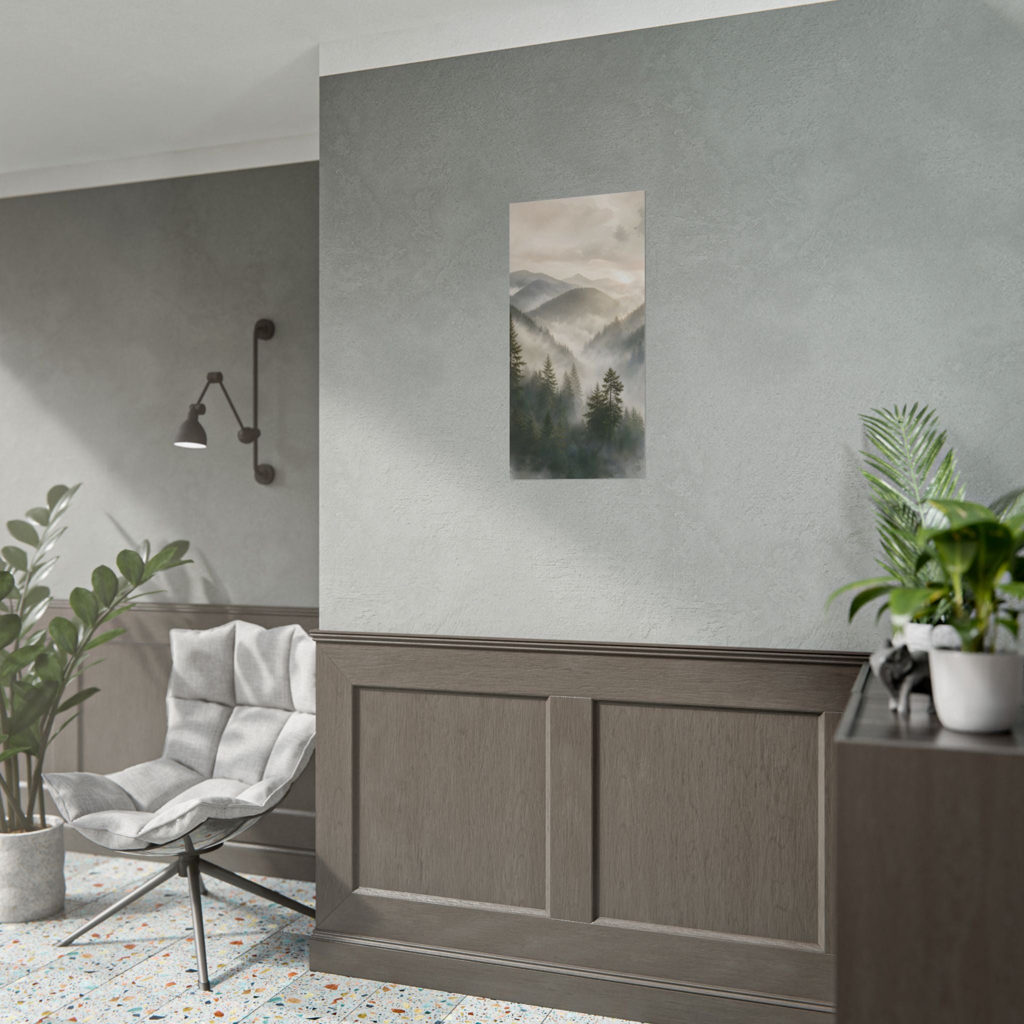 Mist-Filled Mountain Forest Rolled Poster — Serene Nature Wall Art