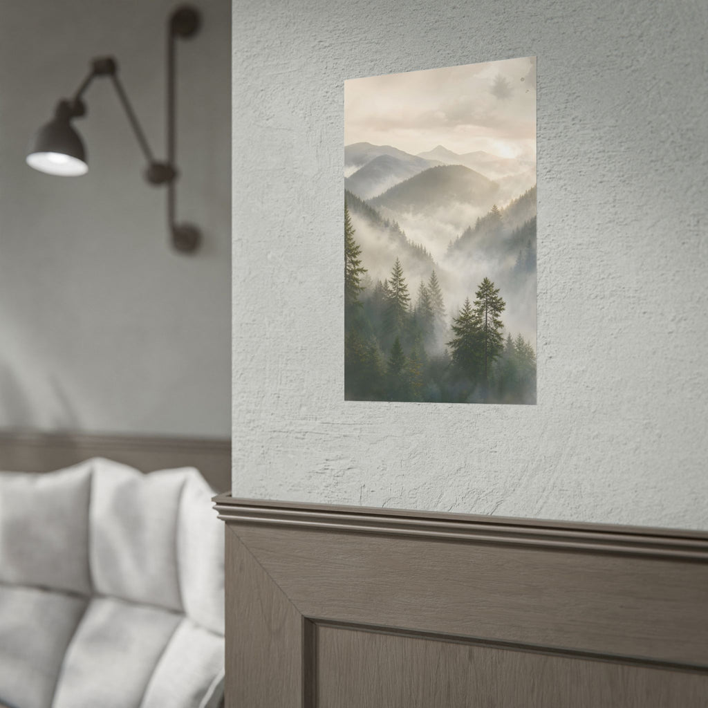 Mist-Filled Mountain Forest Rolled Poster — Serene Nature Wall Art