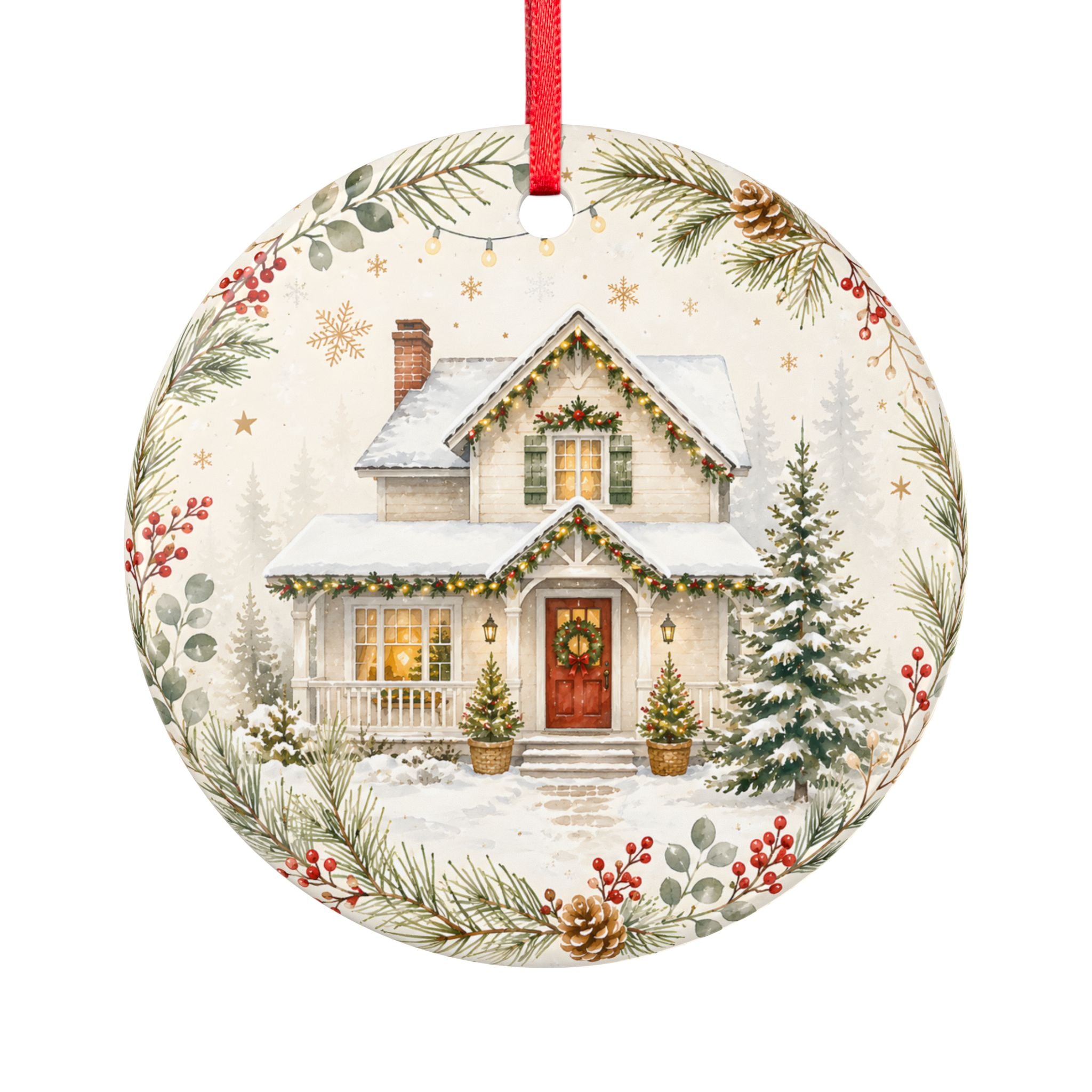Round Ceramic Christmas Ornament — Cozy Snowy Cottage Double-Sided Holiday Decoration