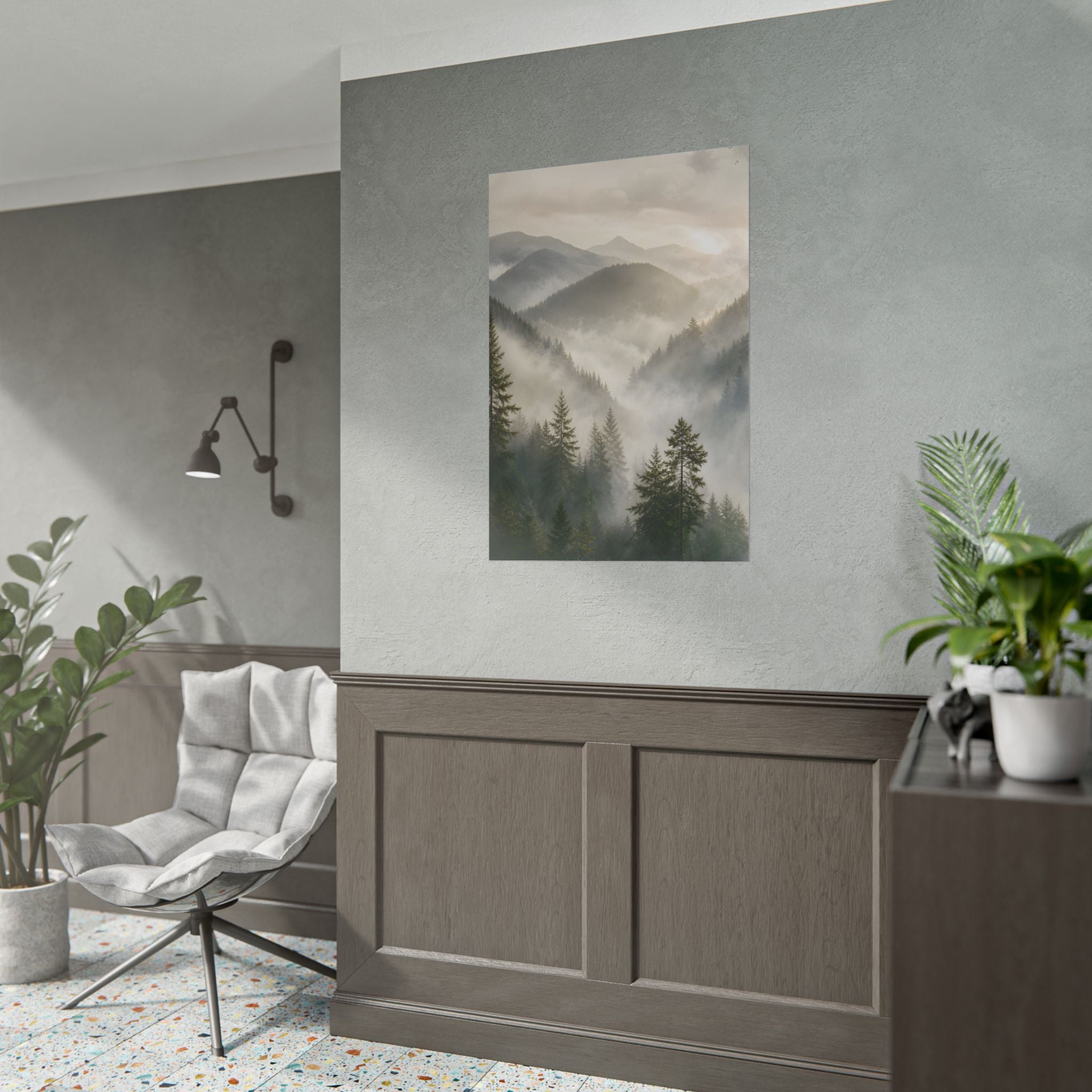 Mist-Filled Mountain Forest Rolled Poster — Serene Nature Wall Art