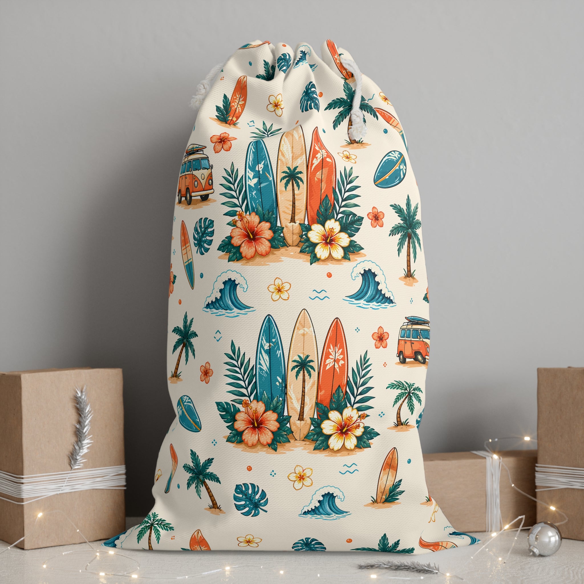 Tropical Surf Drawstring Sack — Beach Van & Surfboard Pattern Travel Pouch