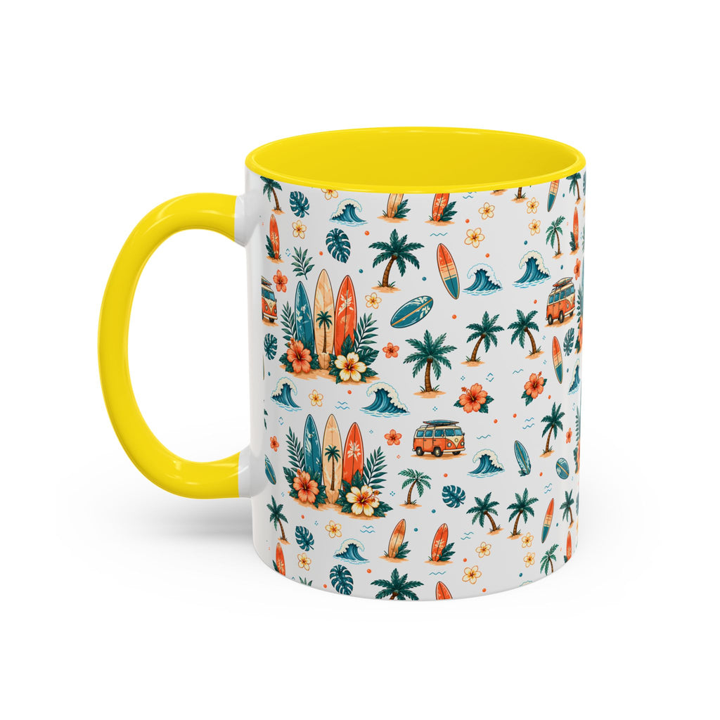 Surfboard & Palm Accent Coffee Mug — Tropical Beach Pattern 11/15oz