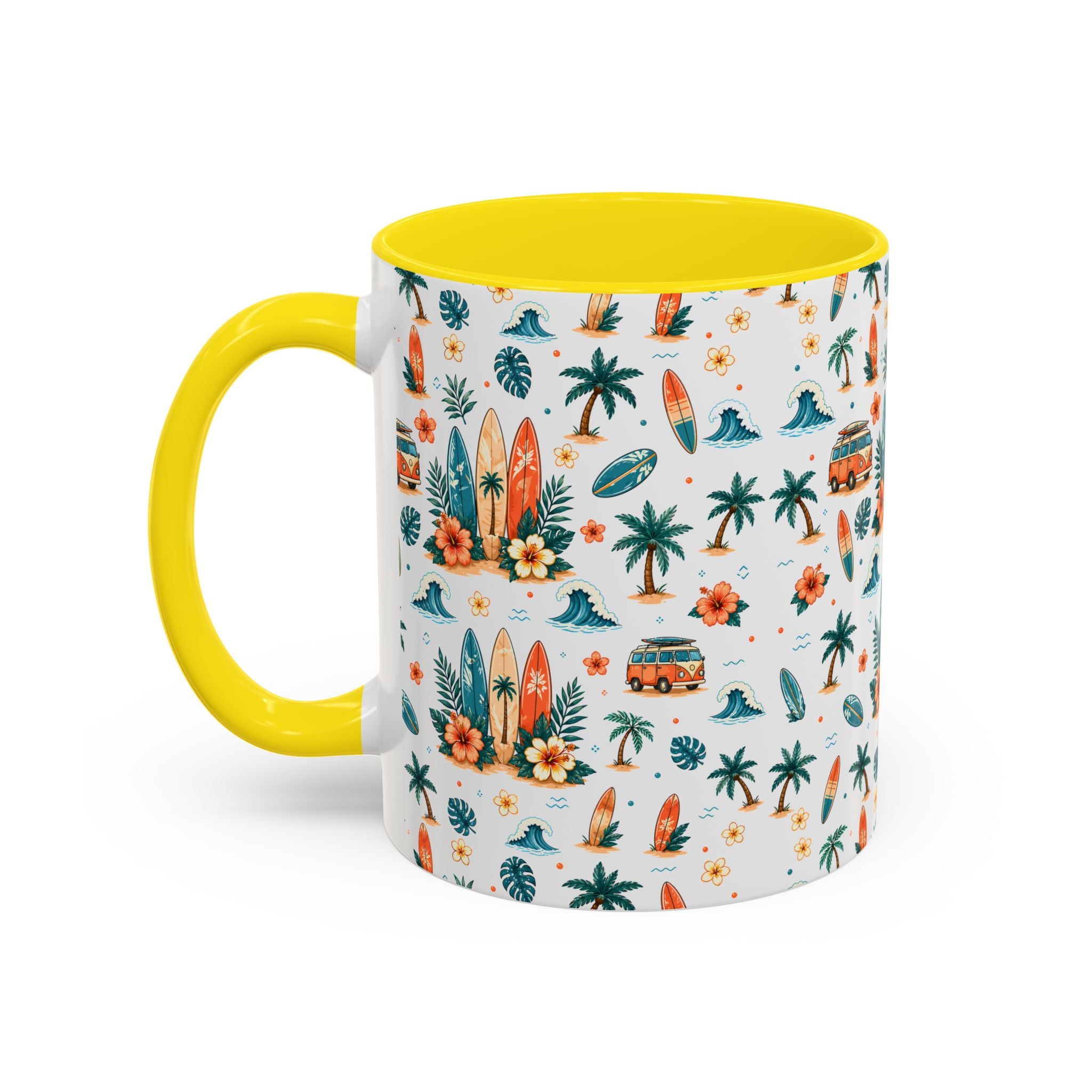 Surfboard & Palm Accent Coffee Mug — Tropical Beach Pattern 11/15oz