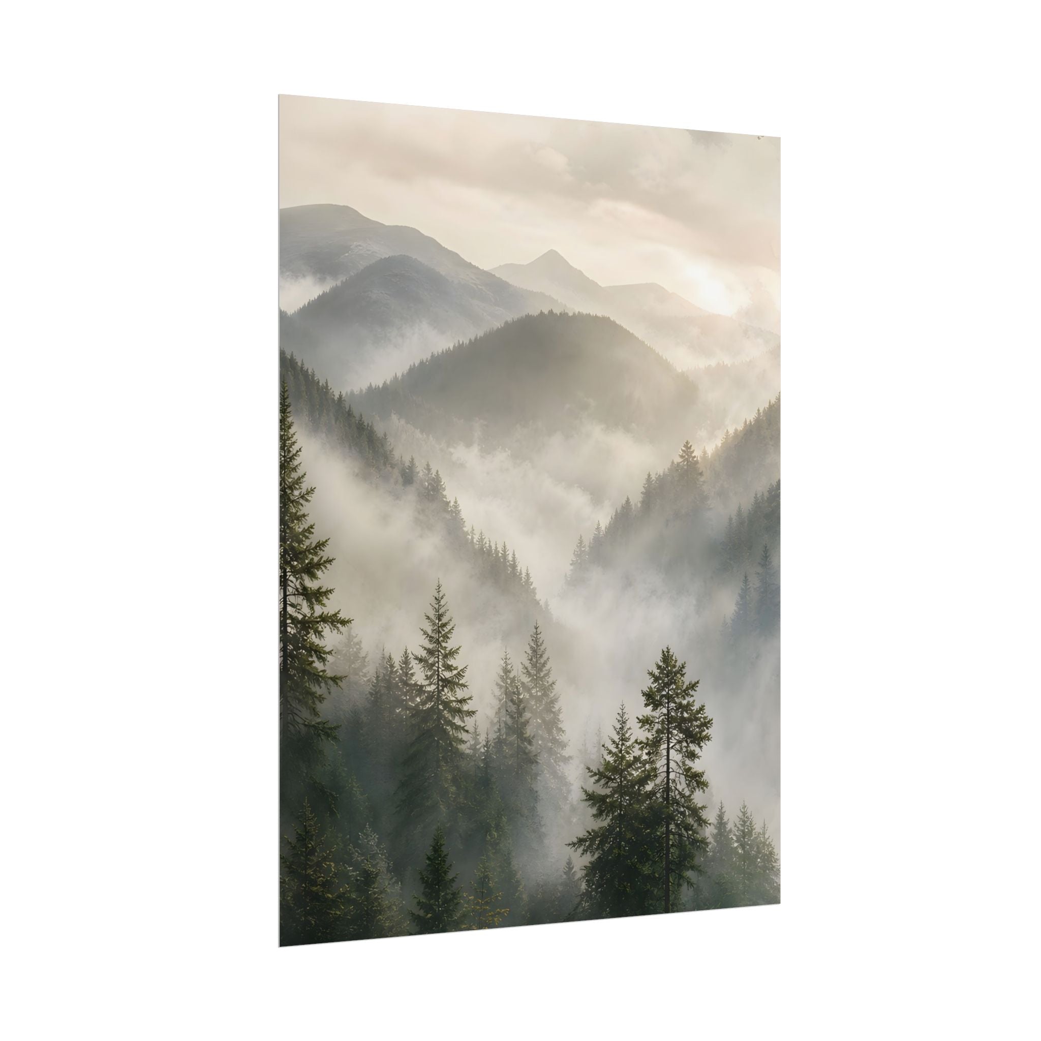 Mist-Filled Mountain Forest Rolled Poster — Serene Nature Wall Art
