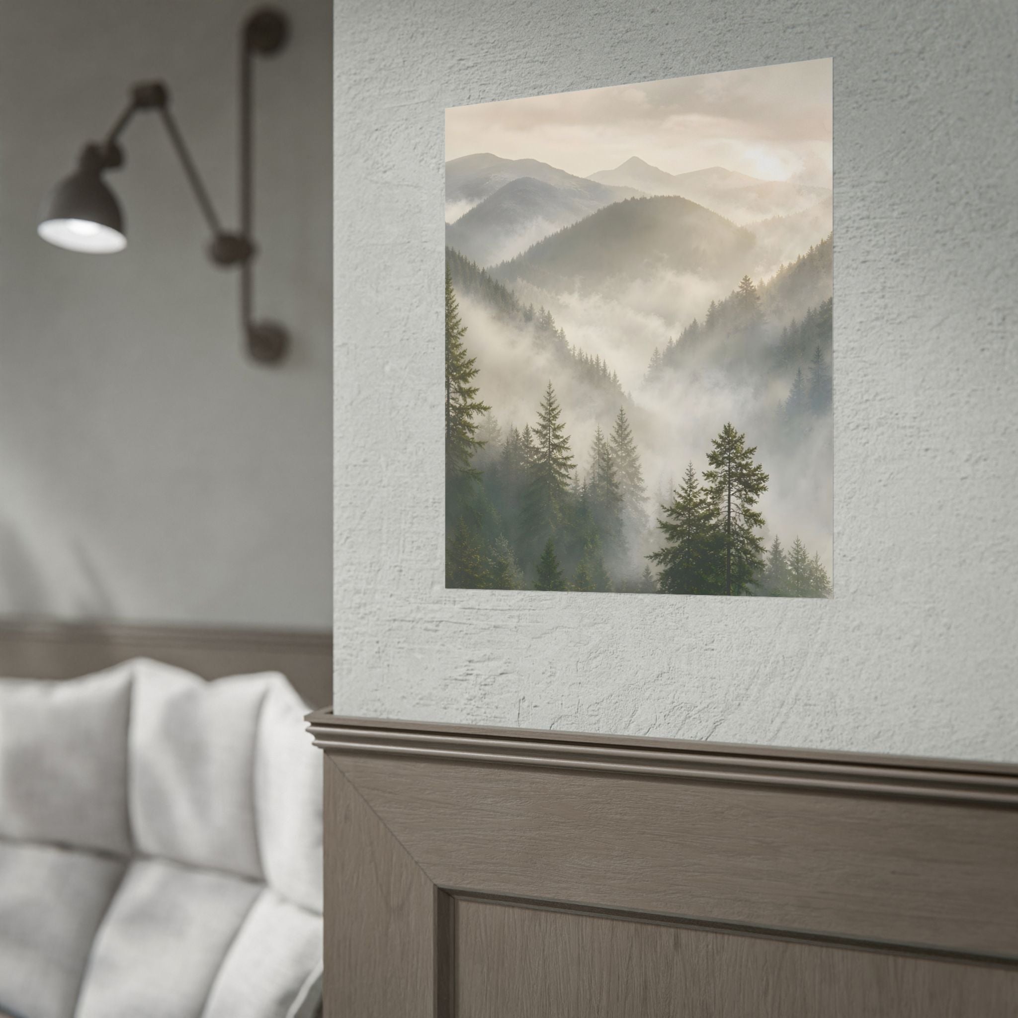 Mist-Filled Mountain Forest Rolled Poster — Serene Nature Wall Art