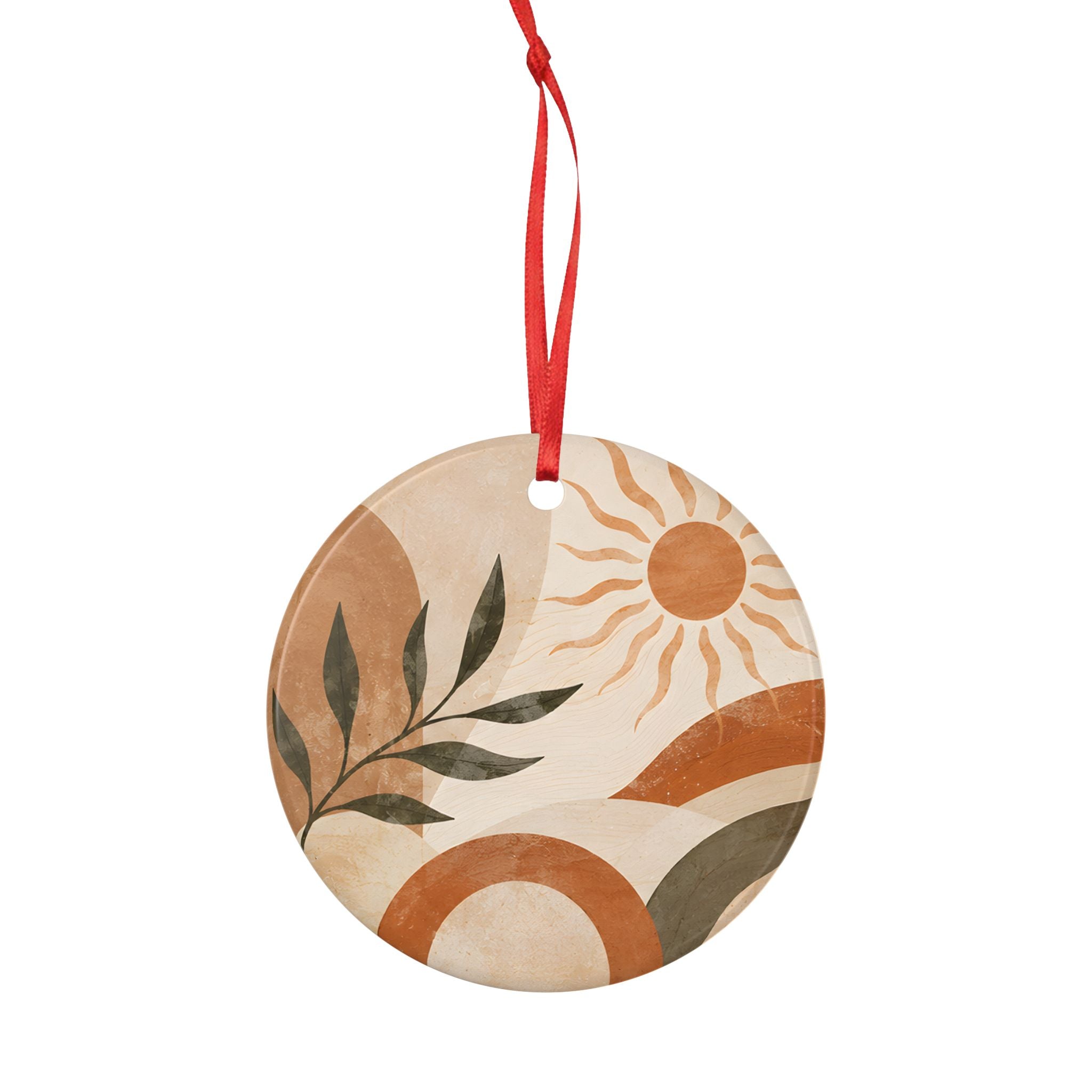 Boho Sun & Leaf Ceramic Ornament — Earth Tone Round Holiday Decoration