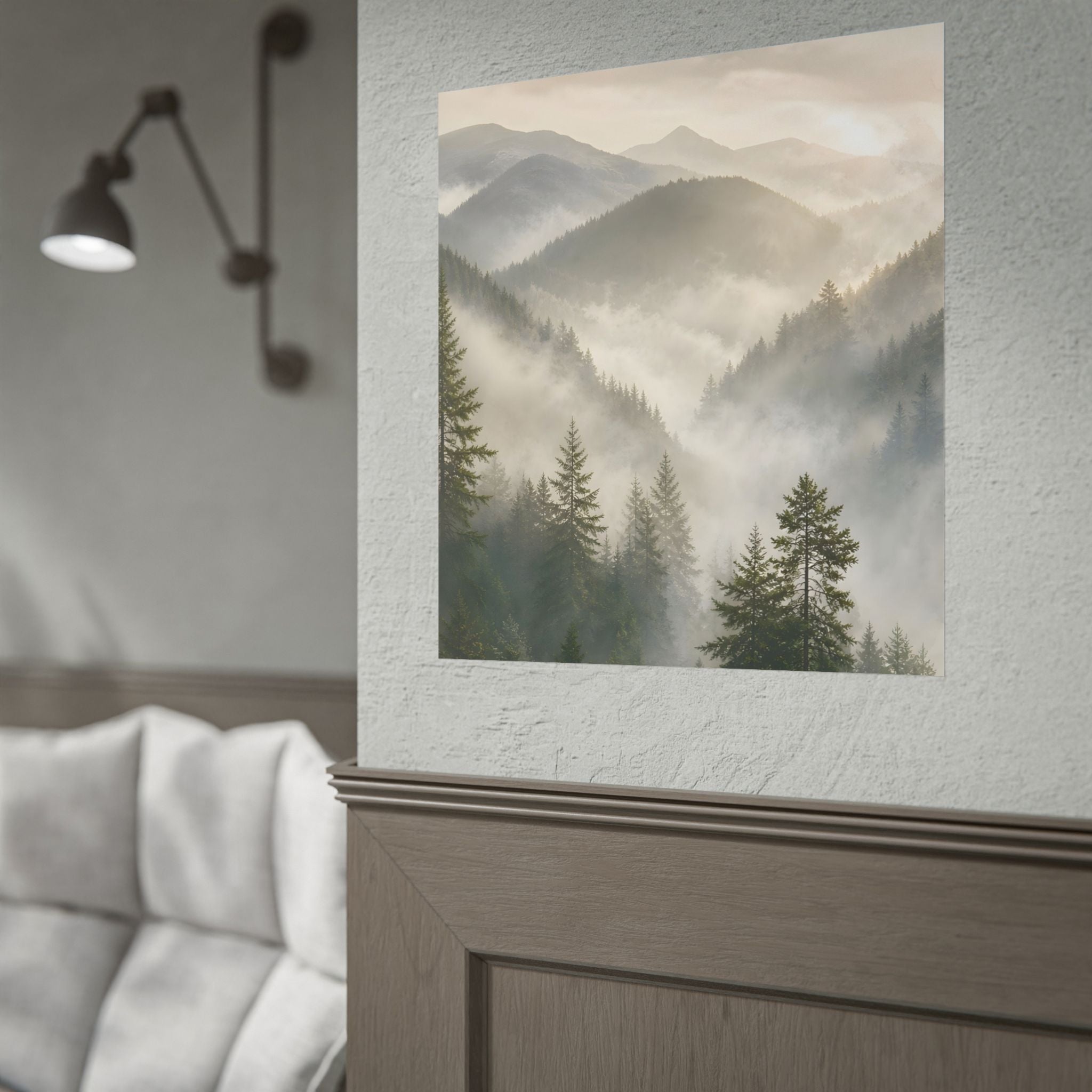 Mist-Filled Mountain Forest Rolled Poster — Serene Nature Wall Art