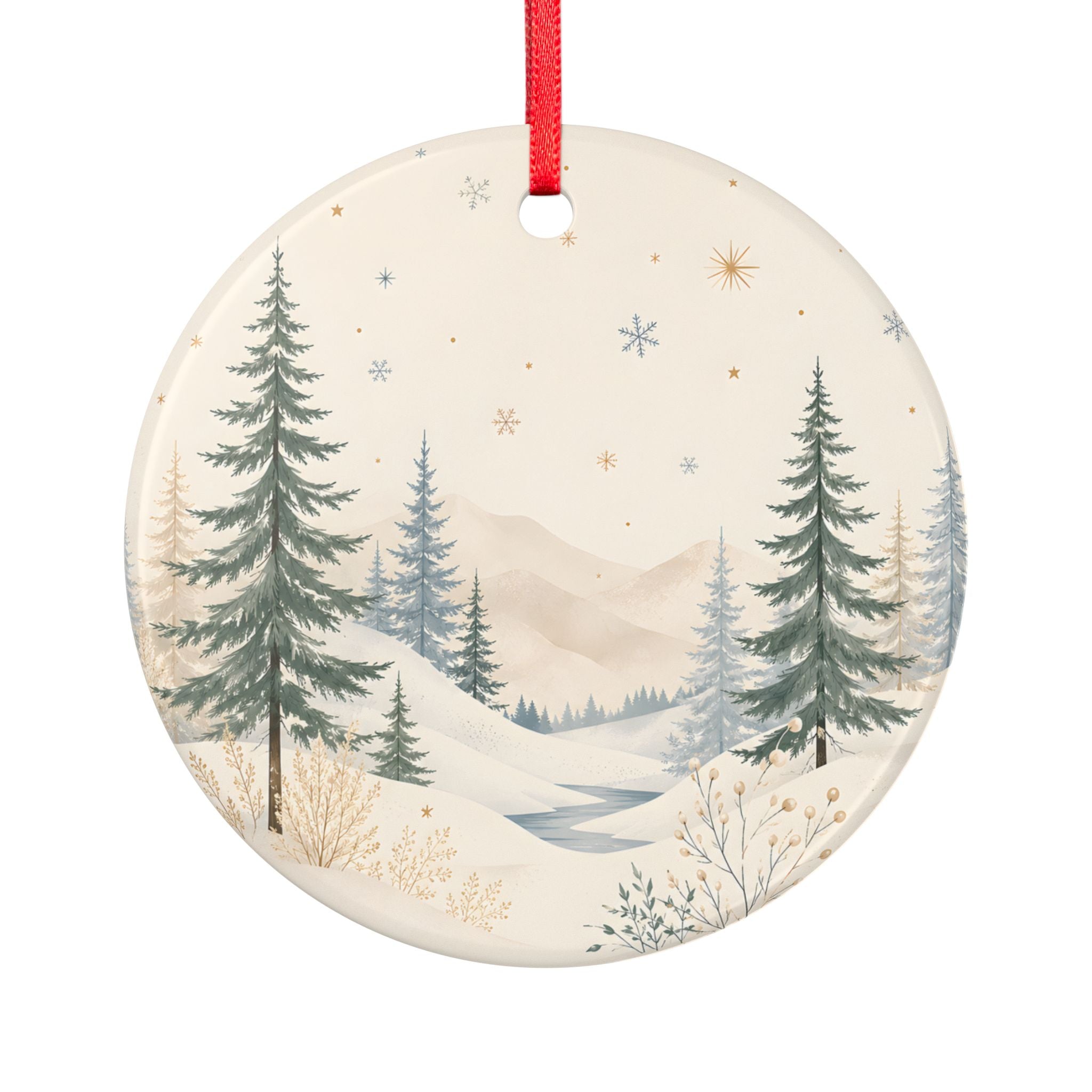 Winter Pines Ceramic Ornament — Double-Sided Snowy Forest Holiday Decoration