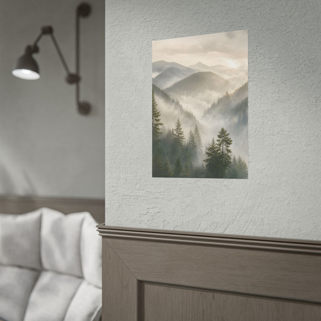 Mist-Filled Mountain Forest Rolled Poster — Serene Nature Wall Art