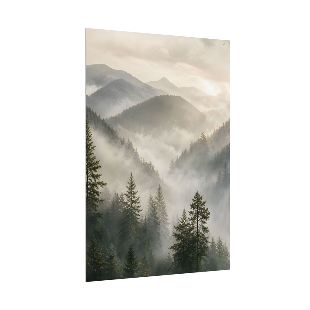 Mist-Filled Mountain Forest Rolled Poster — Serene Nature Wall Art