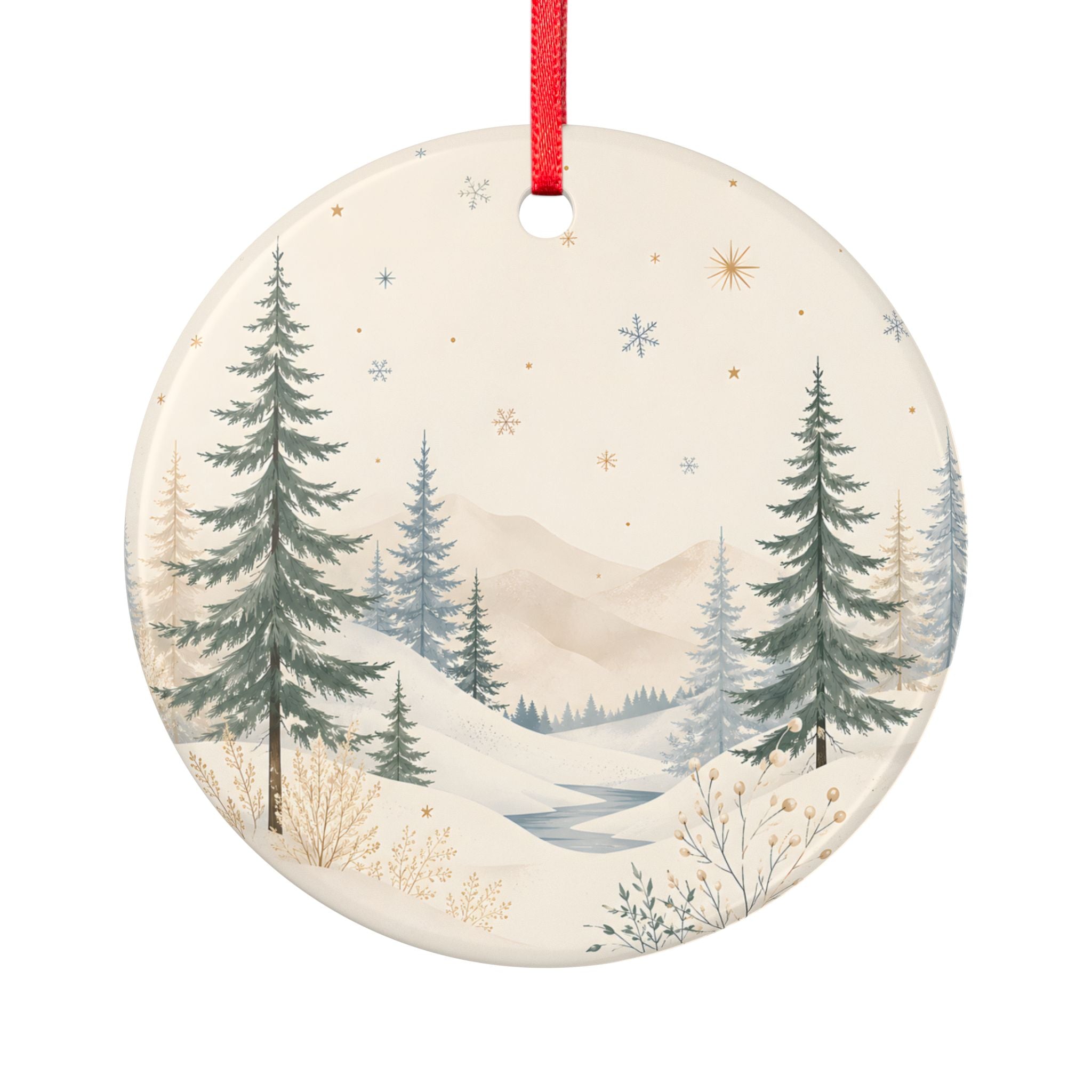 Winter Pines Ceramic Ornament — Double-Sided Snowy Forest Holiday Decoration