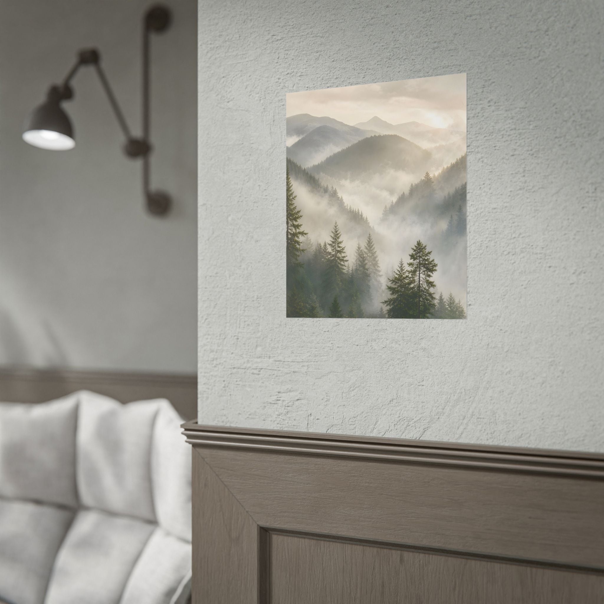 Mist-Filled Mountain Forest Rolled Poster — Serene Nature Wall Art
