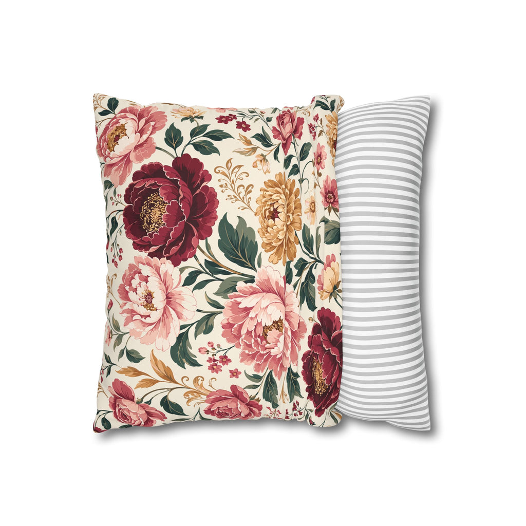 Floral Peony Canvas Pillowcase — Vintage Rose Square Throw Pillow Cover
