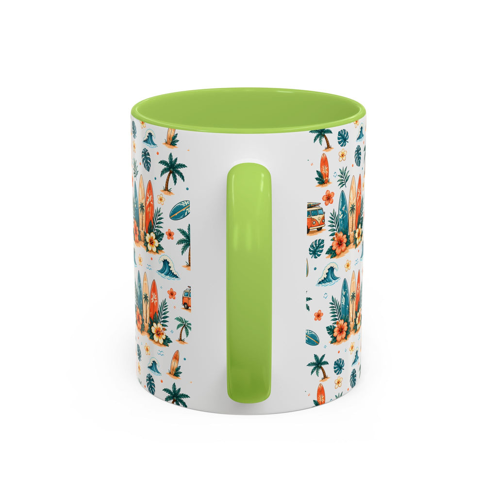 Surfboard & Palm Accent Coffee Mug — Tropical Beach Pattern 11/15oz