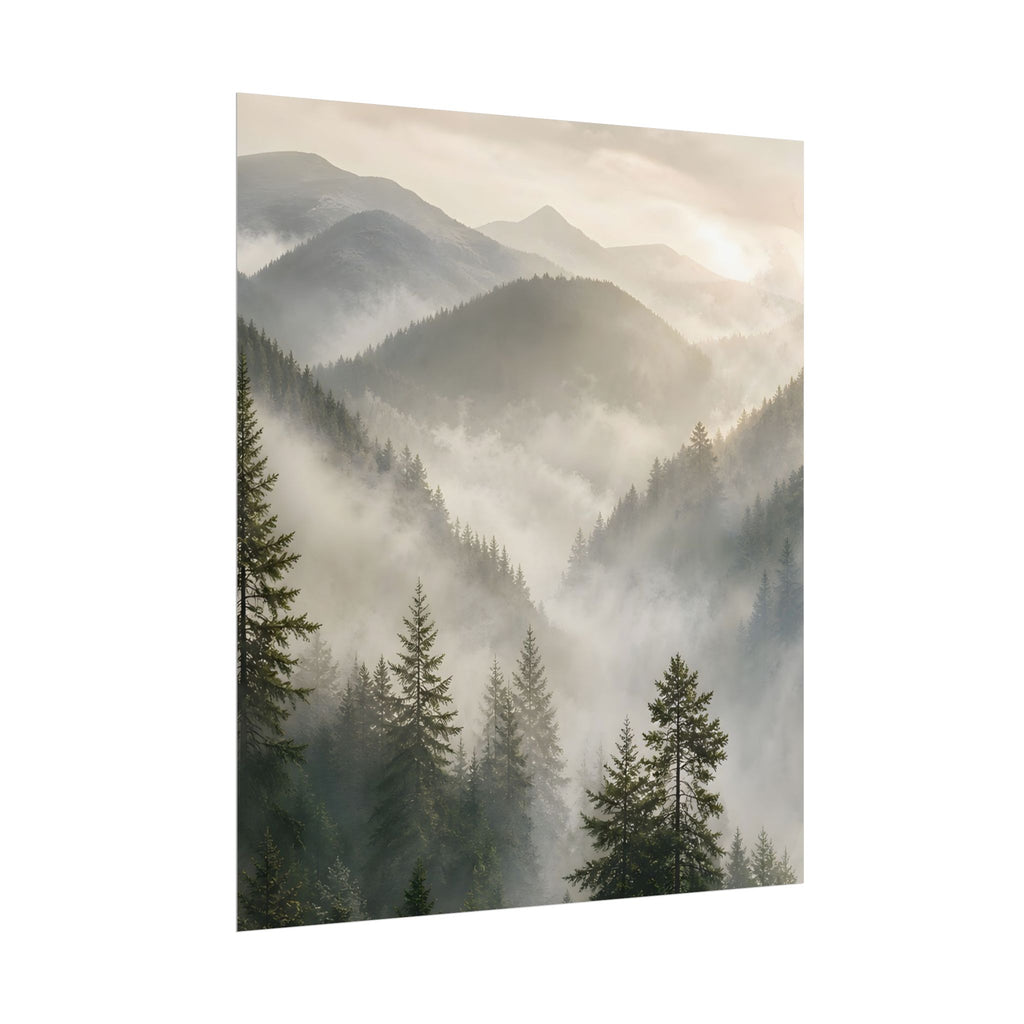 Mist-Filled Mountain Forest Rolled Poster — Serene Nature Wall Art