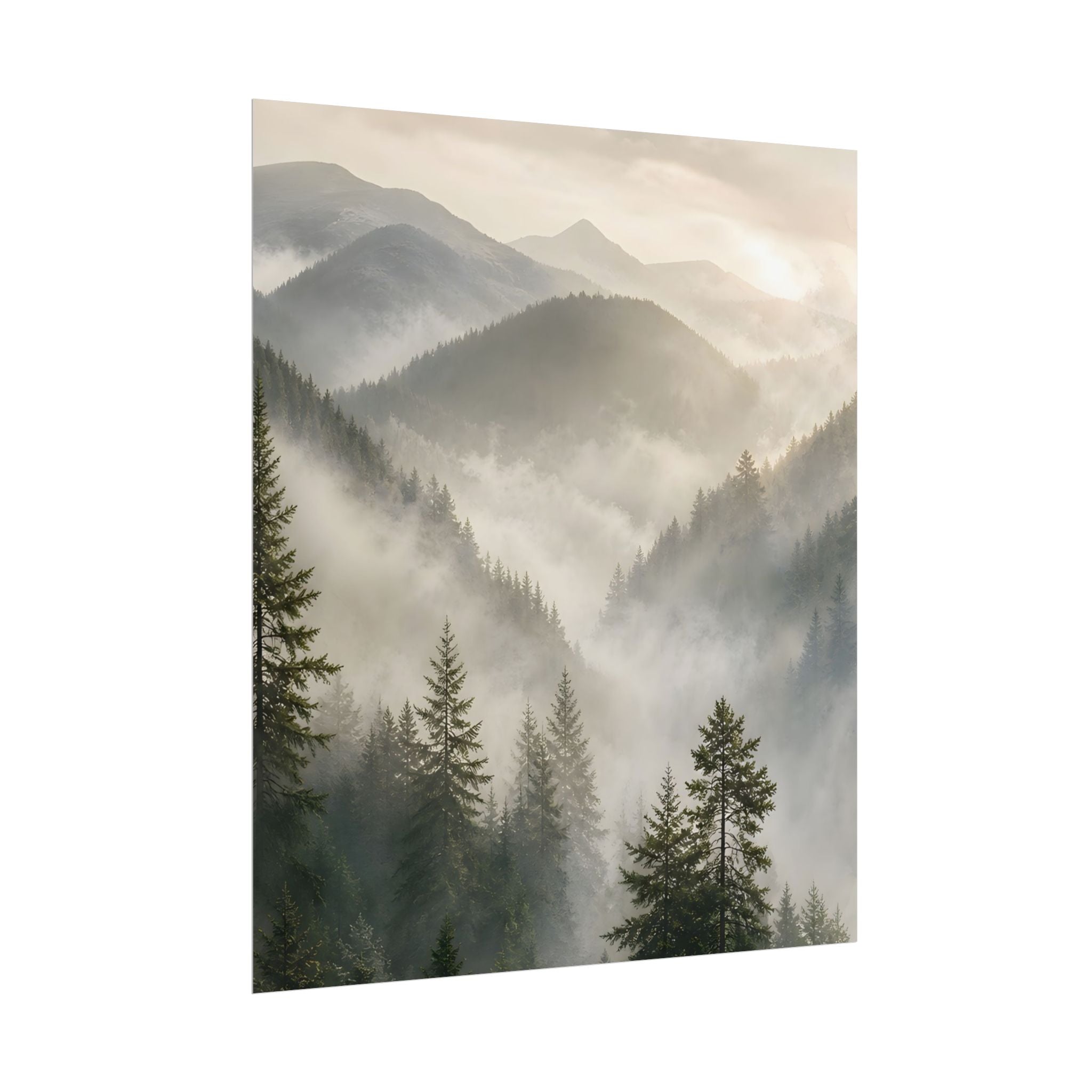 Mist-Filled Mountain Forest Rolled Poster — Serene Nature Wall Art