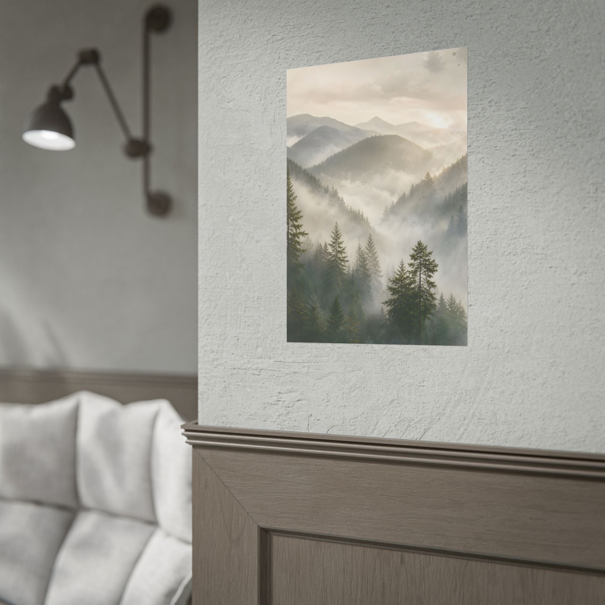 Mist-Filled Mountain Forest Rolled Poster — Serene Nature Wall Art