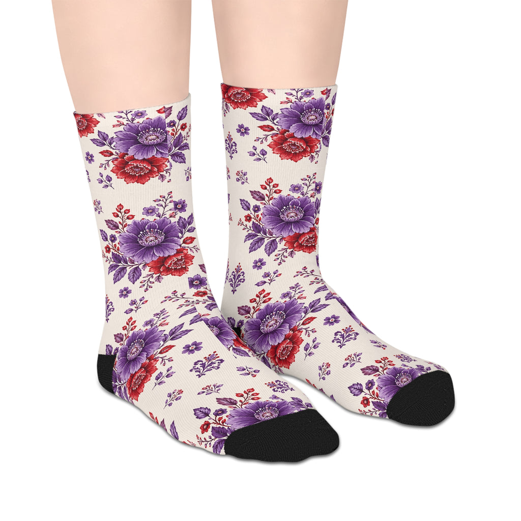 Floral Crew Socks — Purple & Red Vintage Rose Mid-Length Socks