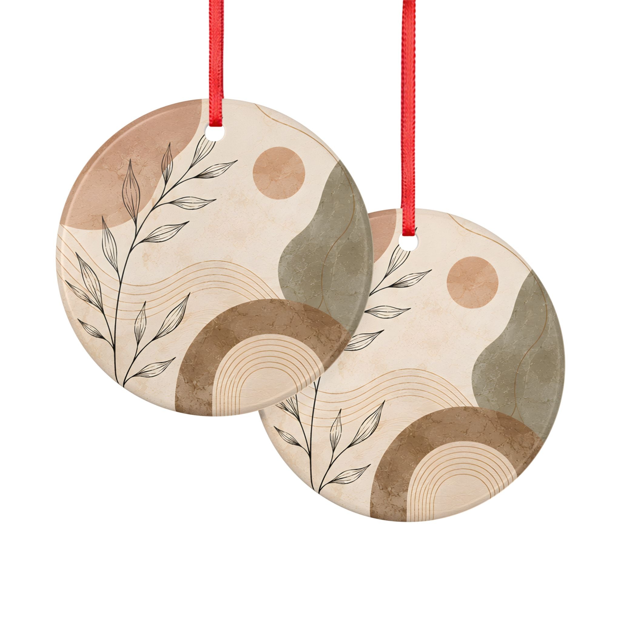 Abstract Boho Ceramic Ornament — Neutral Earth Tones, Two-Sided Holiday Decor