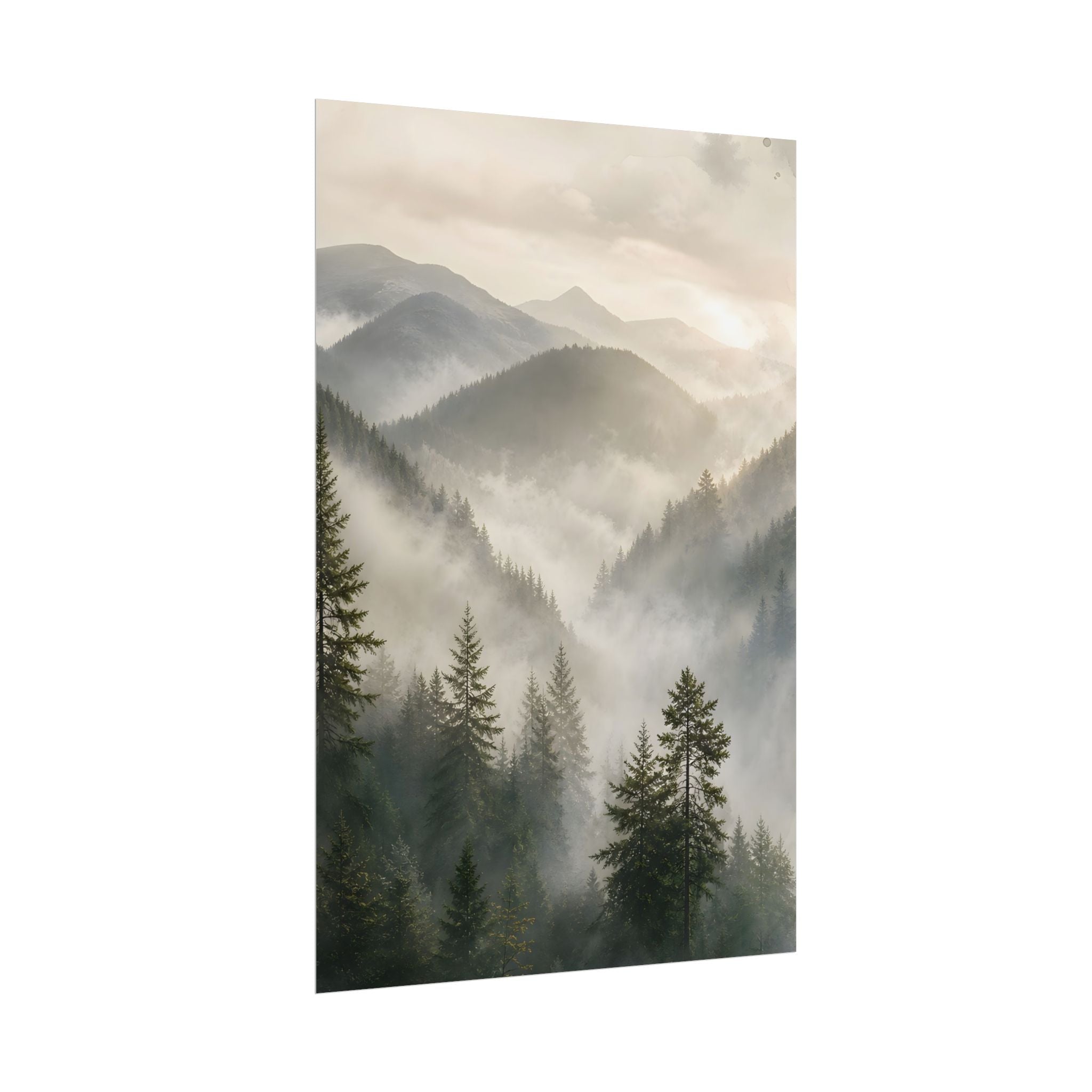 Mist-Filled Mountain Forest Rolled Poster — Serene Nature Wall Art
