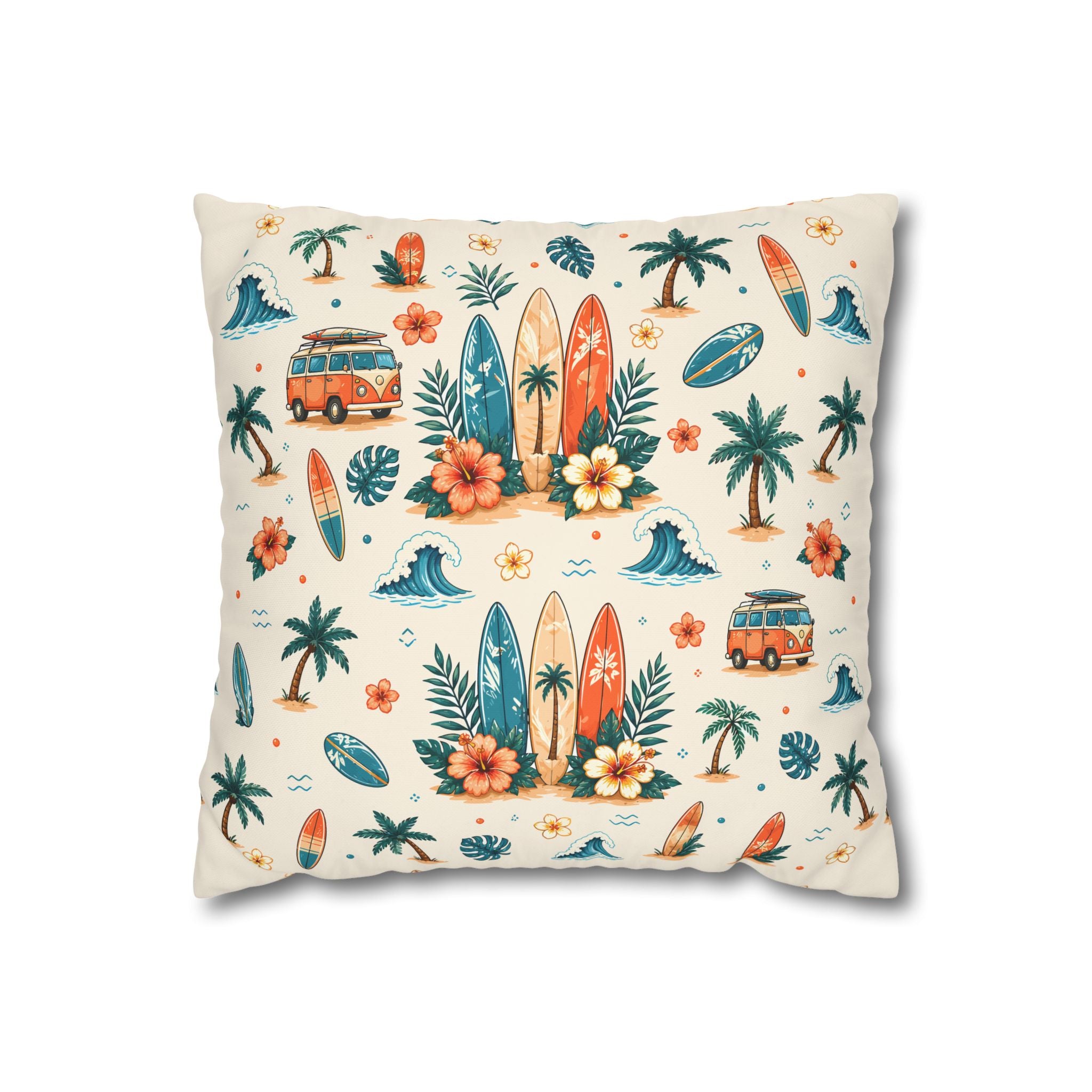 Surfboard Tropical Beach Pillow — Vintage Van & Palm Decorative Pillowcase