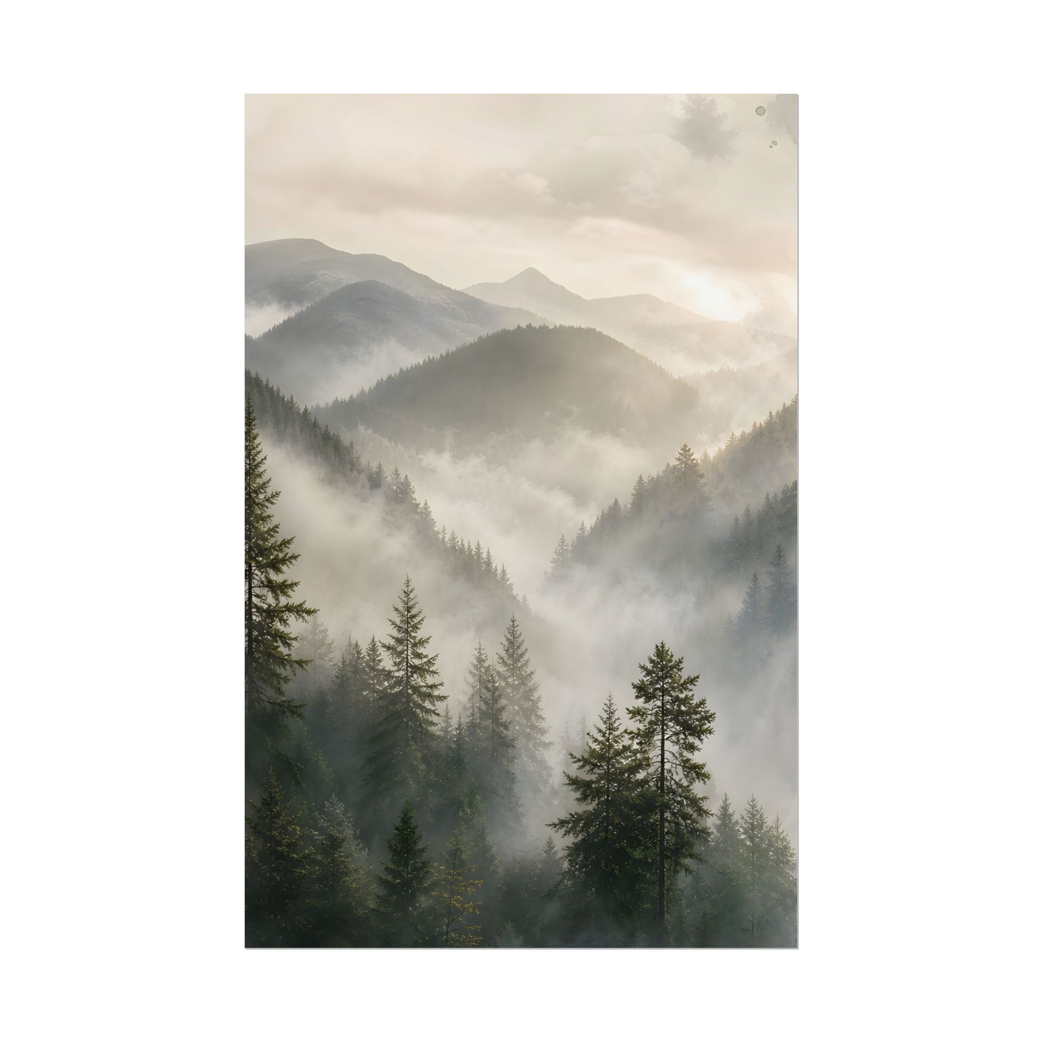 Mist-Filled Mountain Forest Rolled Poster — Serene Nature Wall Art