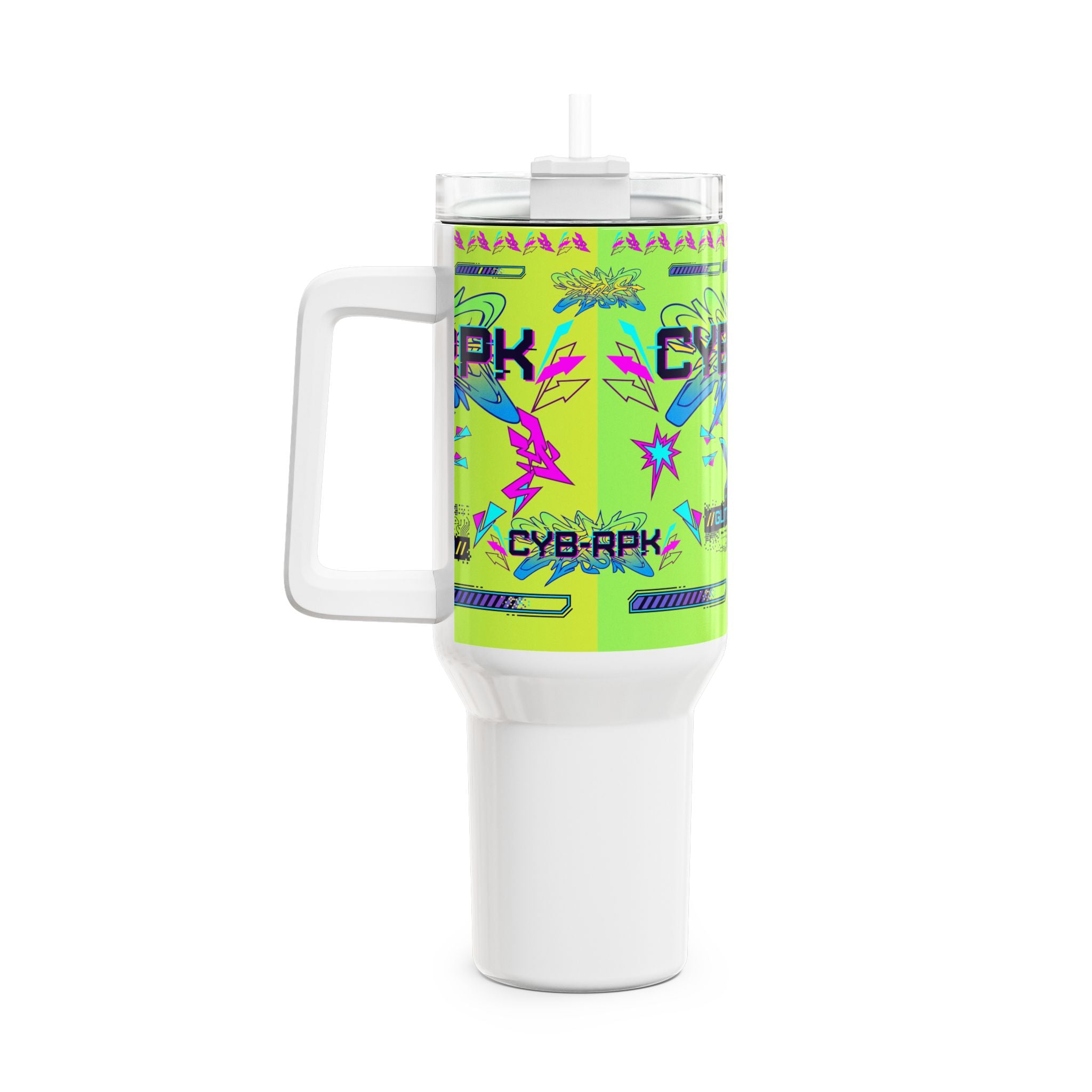 40oz Neon Cyberpunk Tumbler - 'CYB-RPK' Glitch Design Travel Mug