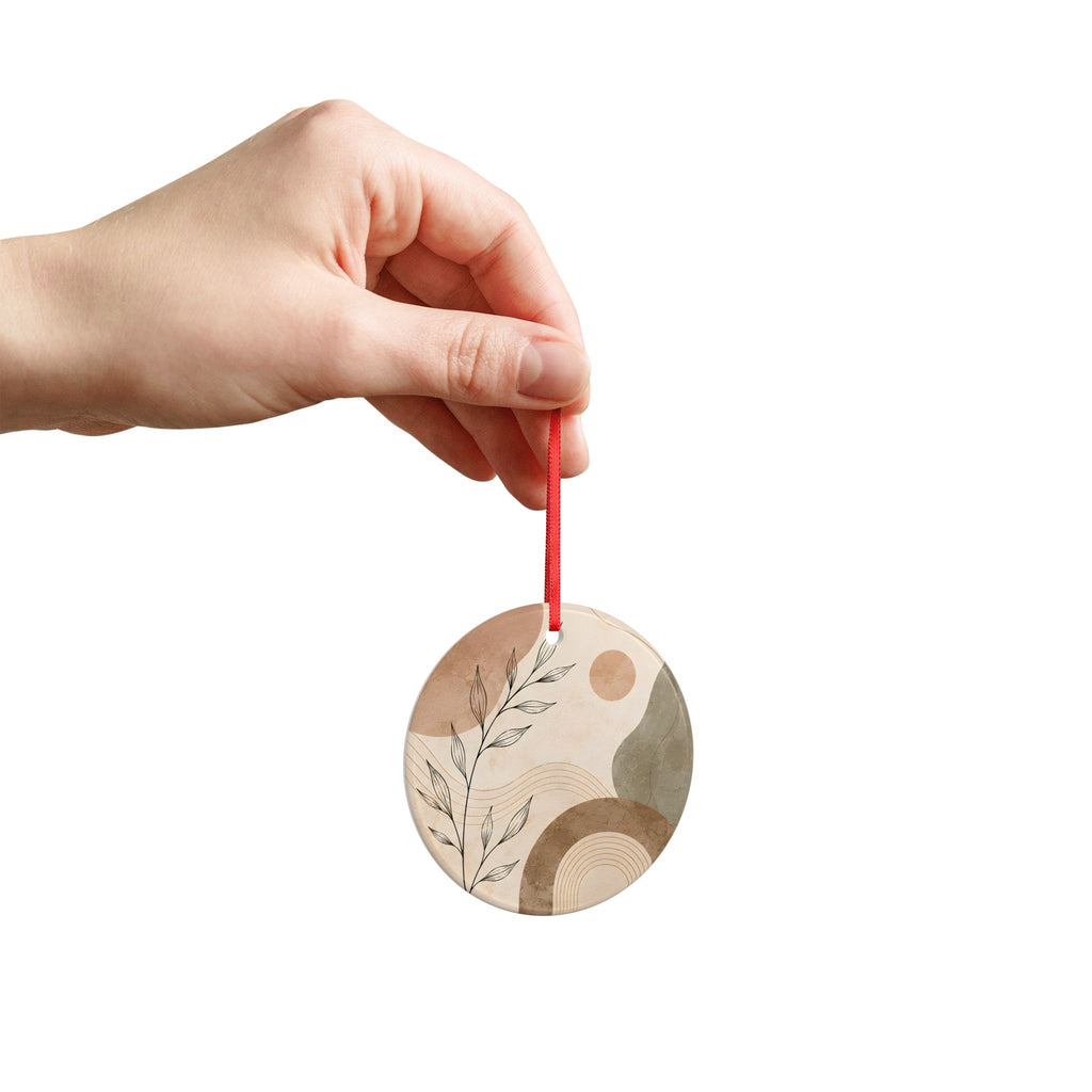 Abstract Boho Ceramic Ornament — Neutral Earth Tones, Two-Sided Holiday Decor