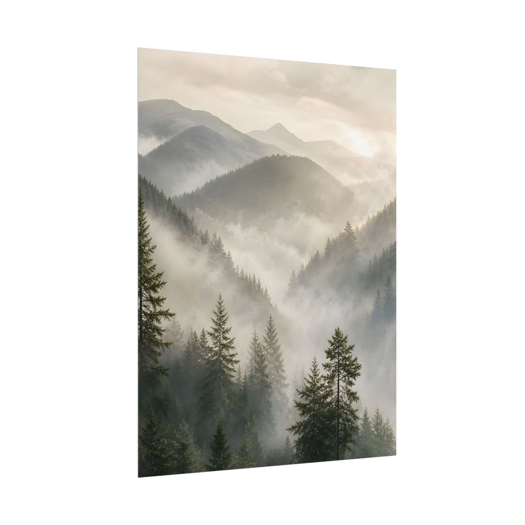 Mist-Filled Mountain Forest Rolled Poster — Serene Nature Wall Art