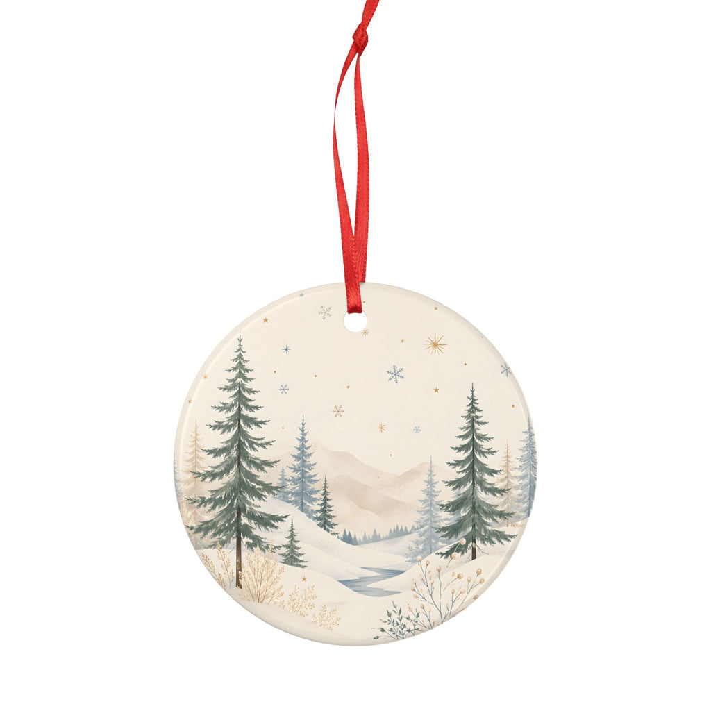 Winter Pines Ceramic Ornament — Double-Sided Snowy Forest Holiday Decoration