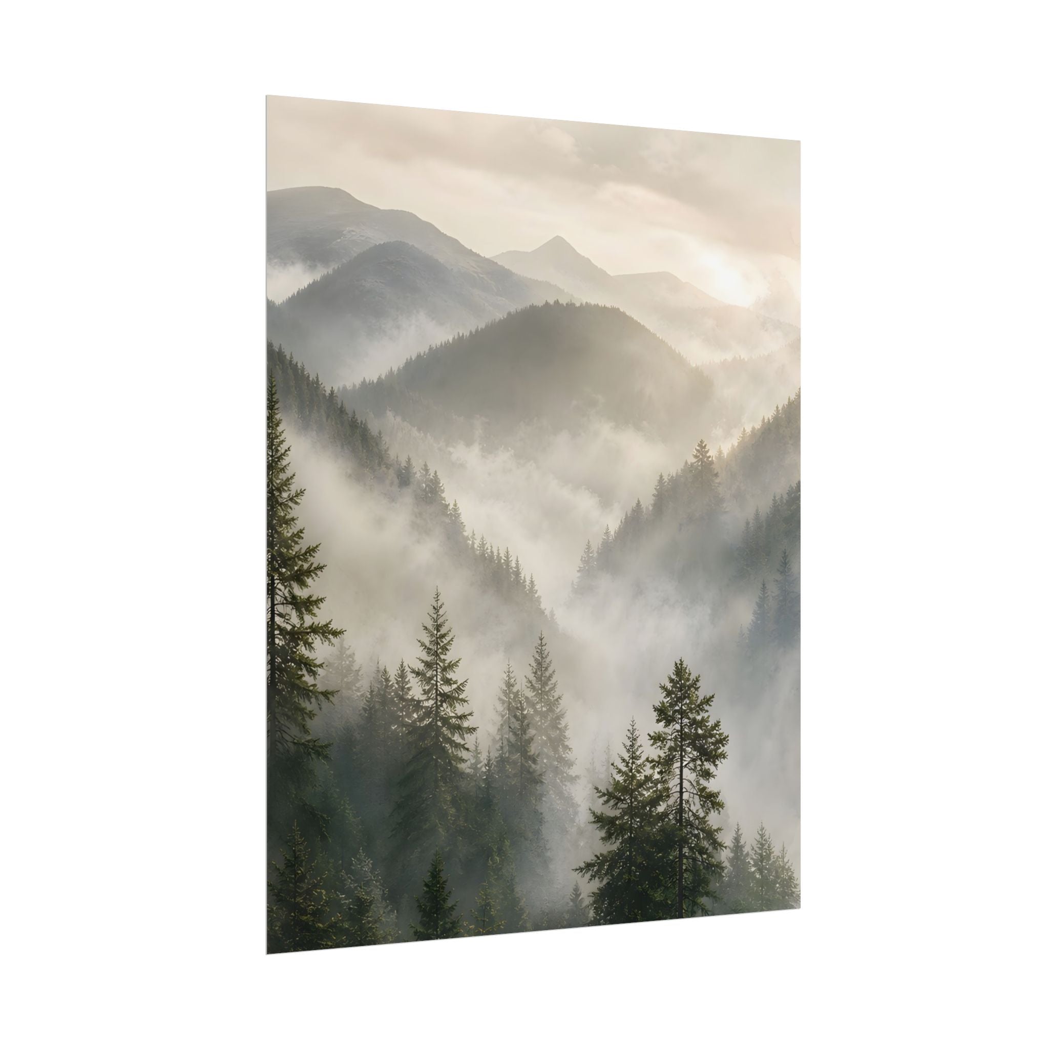 Mist-Filled Mountain Forest Rolled Poster — Serene Nature Wall Art