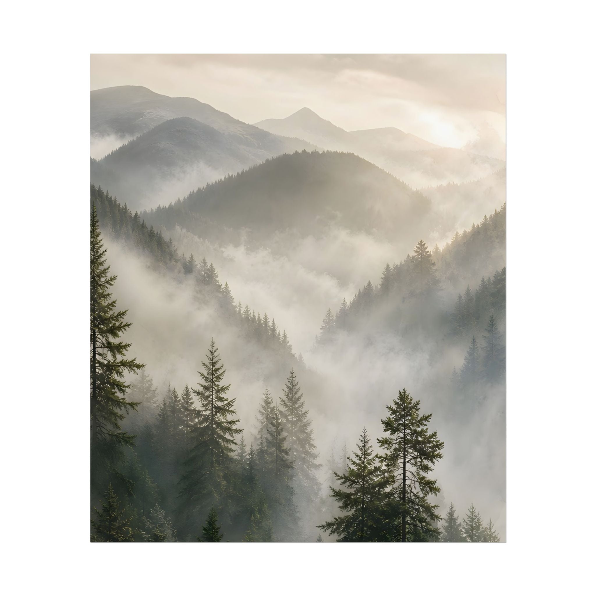Mist-Filled Mountain Forest Rolled Poster — Serene Nature Wall Art