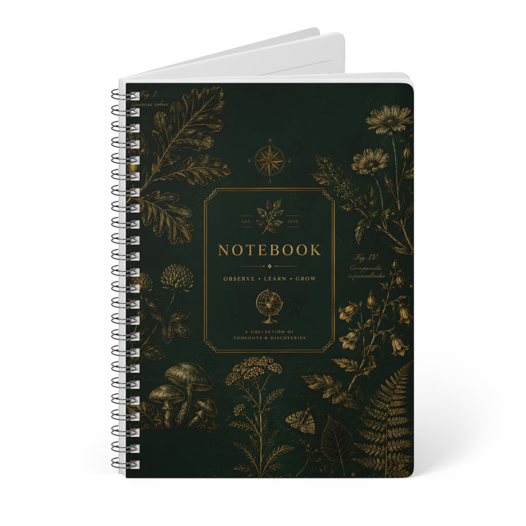 Botanical Gold A5 Spiral Notebook — 'NOTEBOOK' Vintage Floral Journal