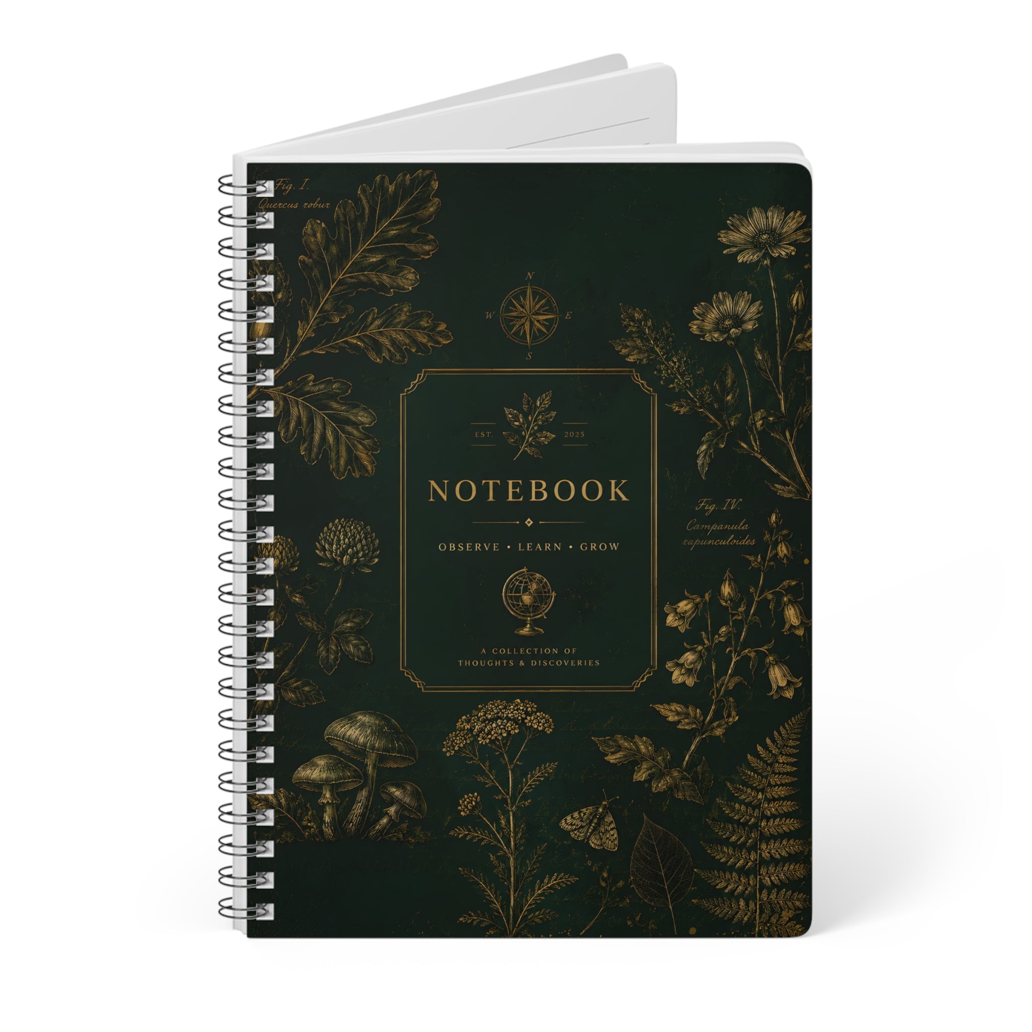 Botanical Gold A5 Spiral Notebook — 'NOTEBOOK' Vintage Floral Journal