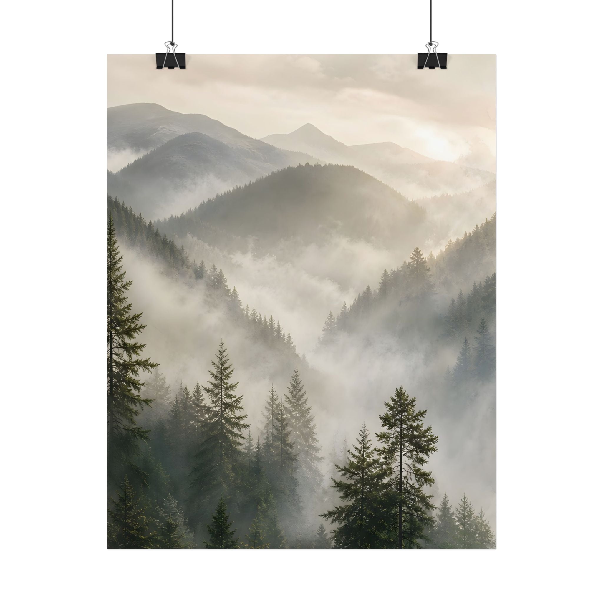 Mist-Filled Mountain Forest Rolled Poster — Serene Nature Wall Art
