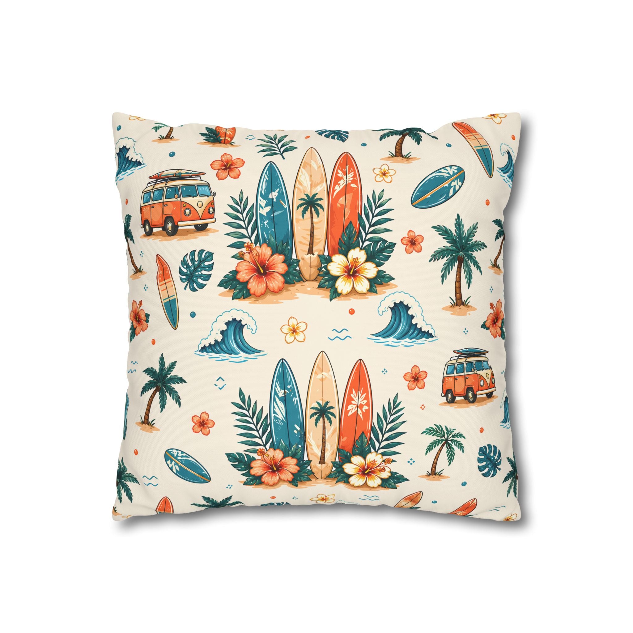 Surfboard Tropical Beach Pillow — Vintage Van & Palm Decorative Pillowcase