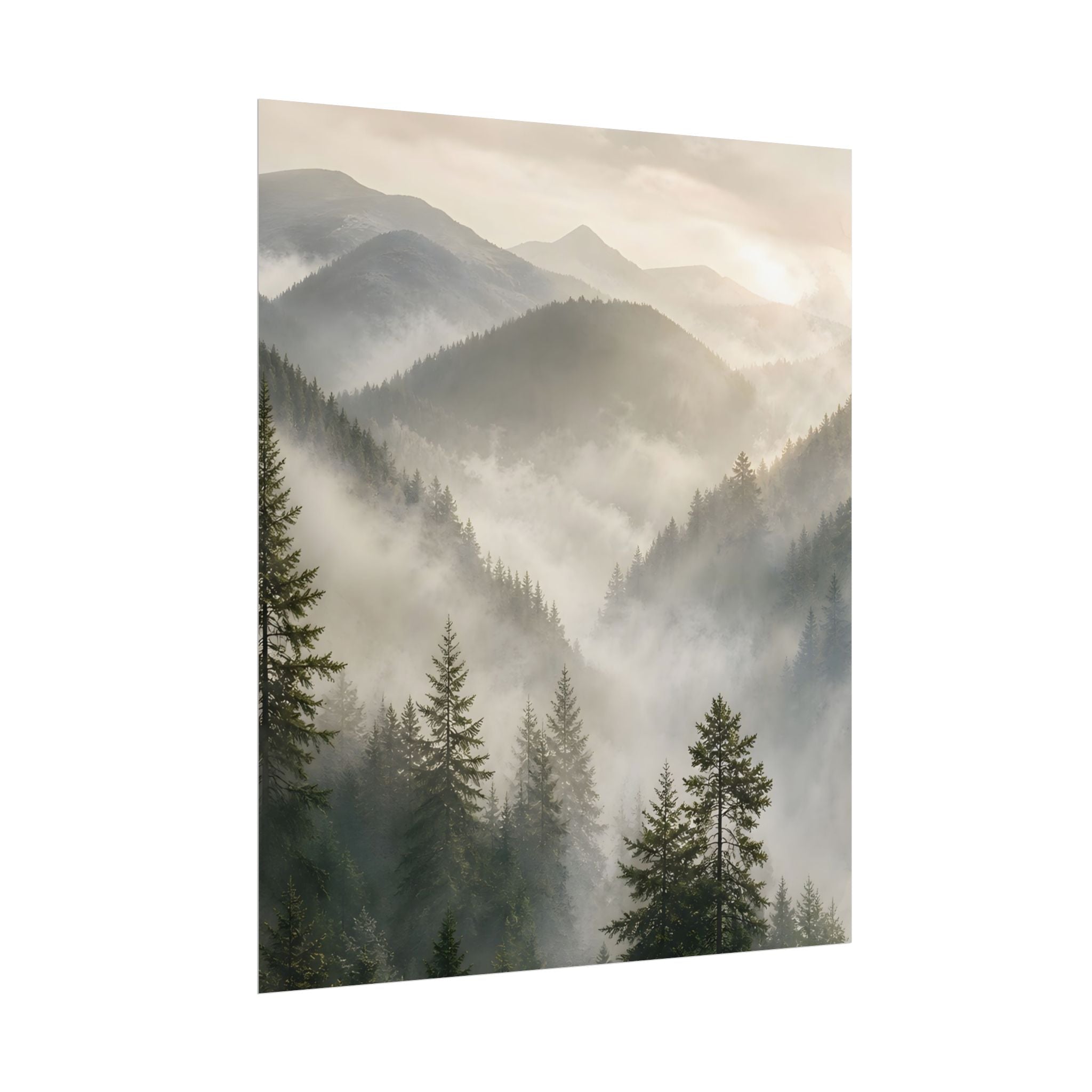 Mist-Filled Mountain Forest Rolled Poster — Serene Nature Wall Art