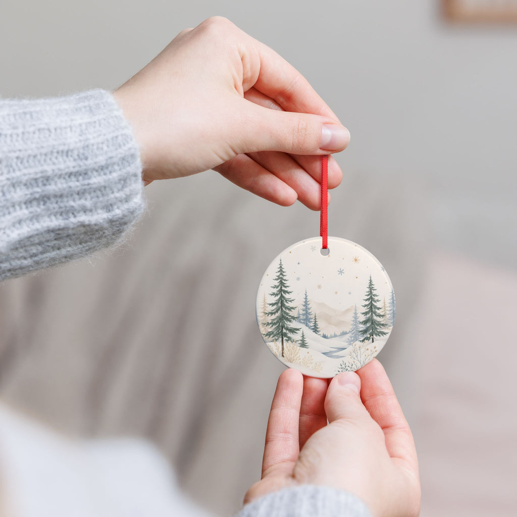 Winter Pines Ceramic Ornament — Double-Sided Snowy Forest Holiday Decoration