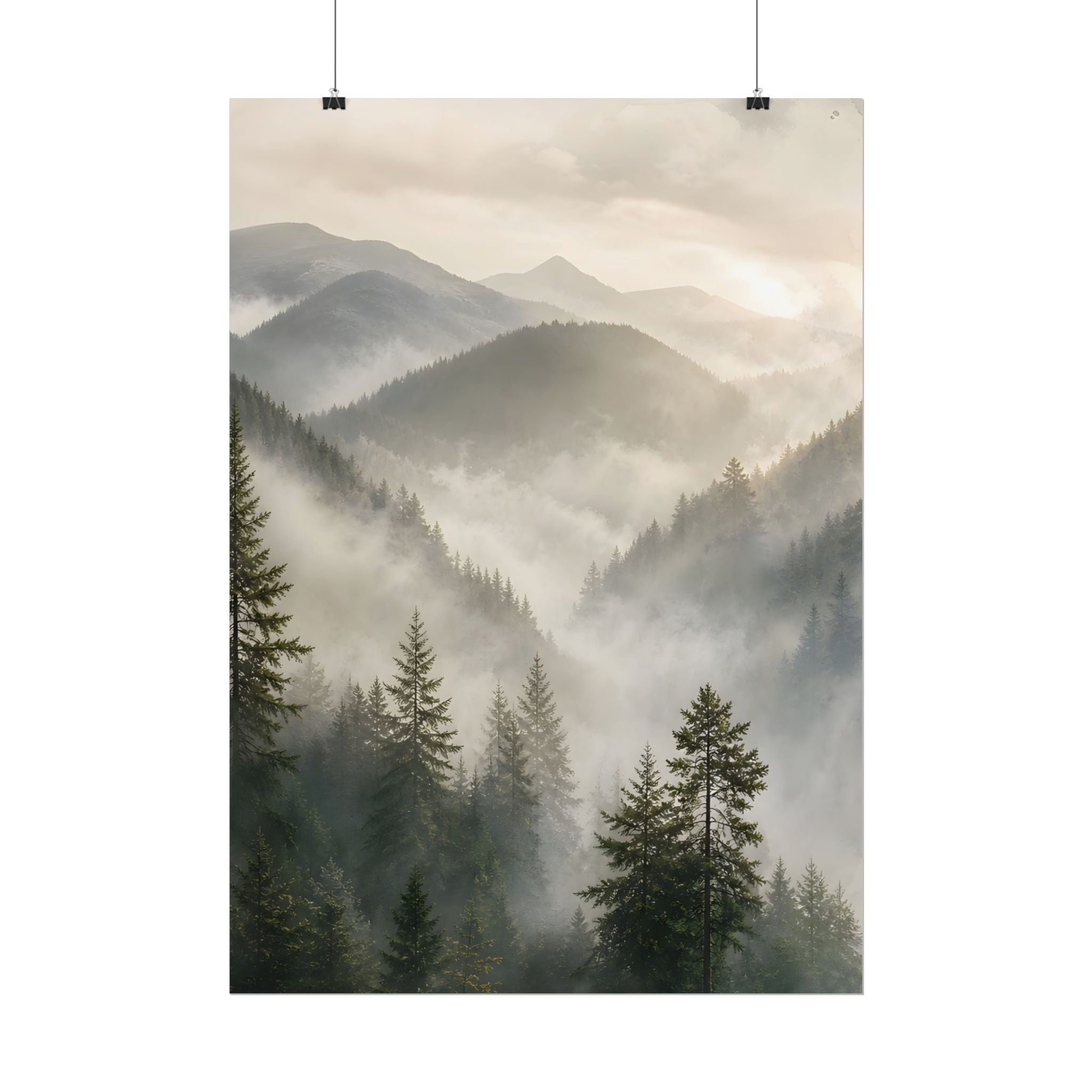 Mist-Filled Mountain Forest Rolled Poster — Serene Nature Wall Art