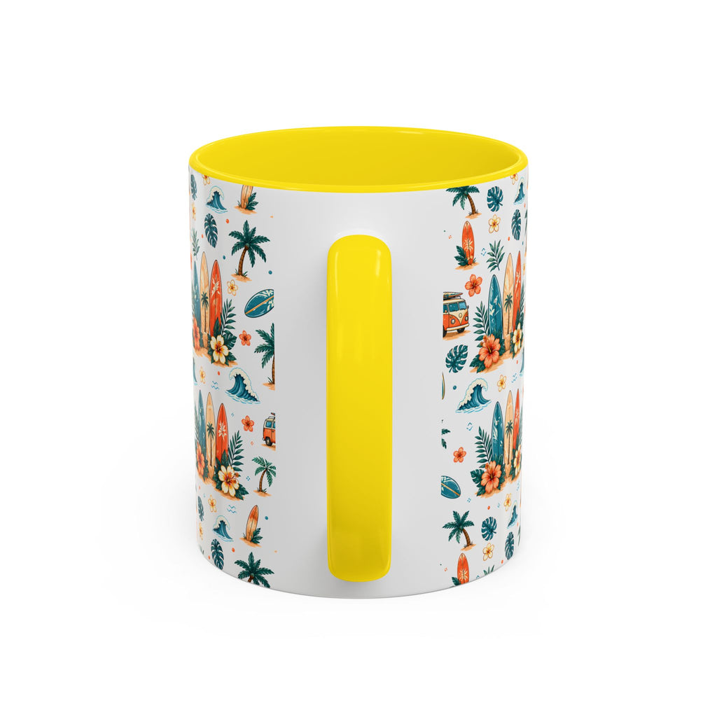 Surfboard & Palm Accent Coffee Mug — Tropical Beach Pattern 11/15oz